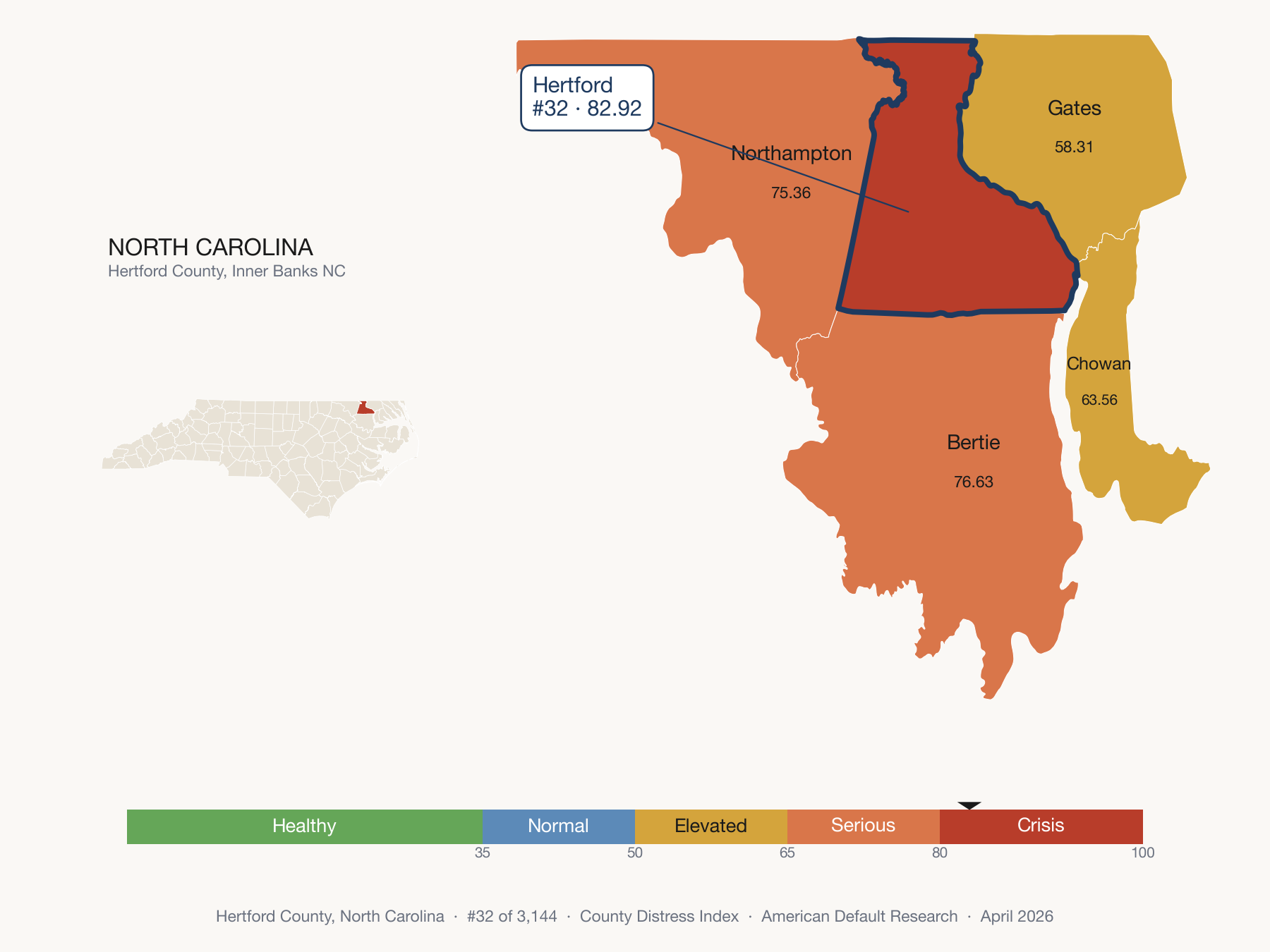 County Distress Index cluster map. Hertford County, North Carolina and its neighbors colored by distress fifth.