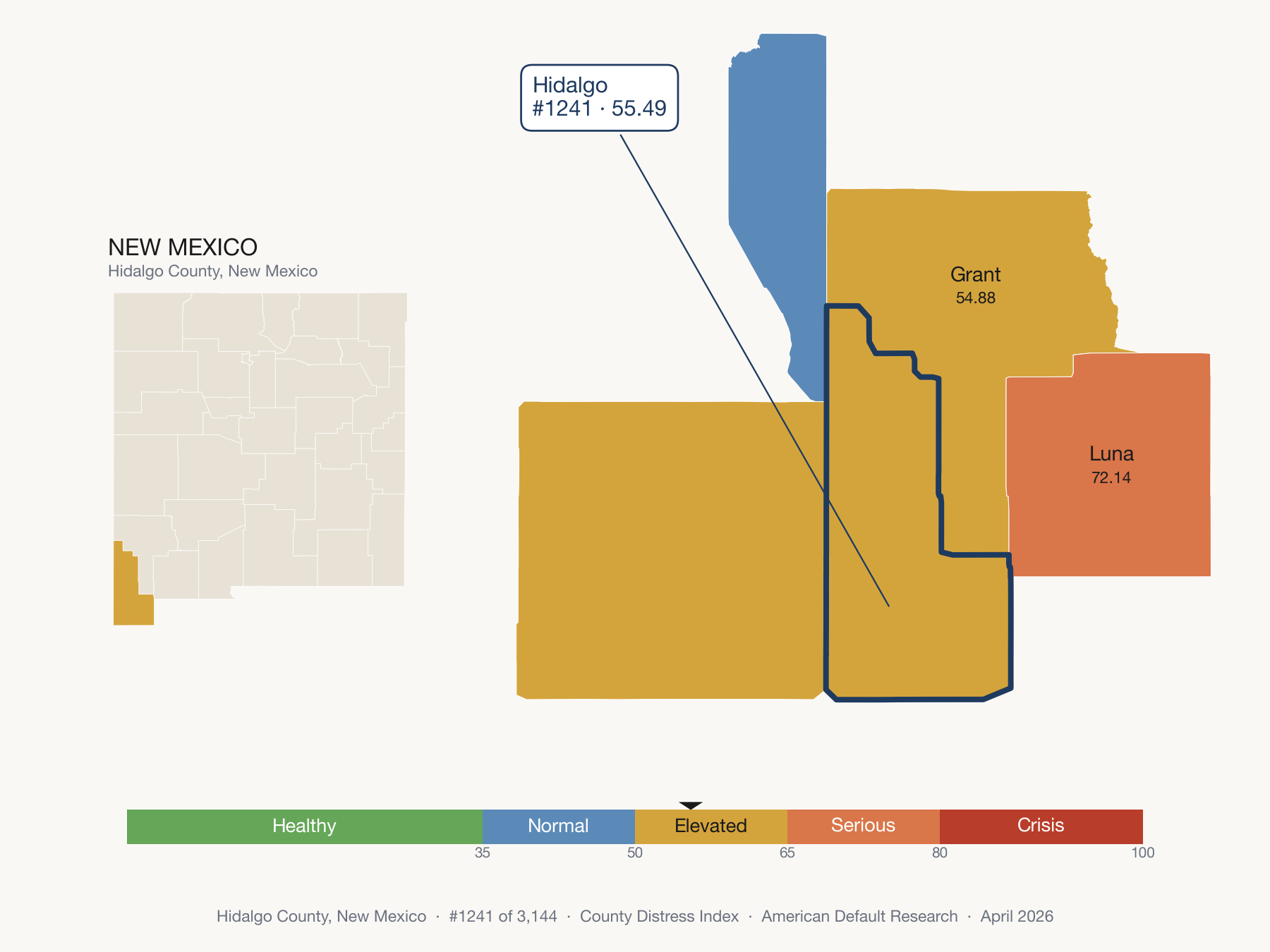 County Distress Index cluster map. Hidalgo County, New Mexico and its neighbors colored by distress zone.