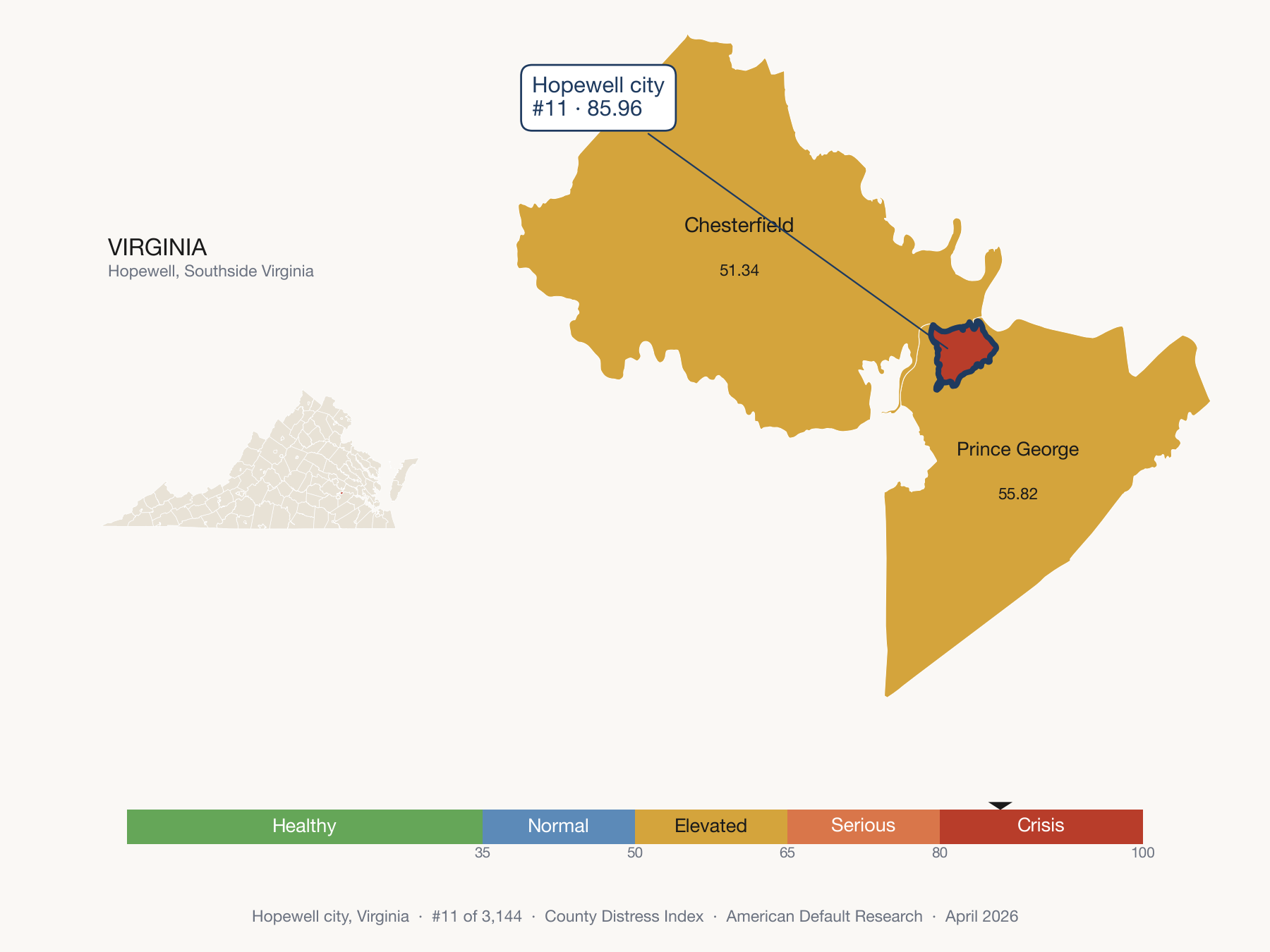 County Distress Index cluster map. Hopewell city, Virginia and its neighbors colored by distress fifth.