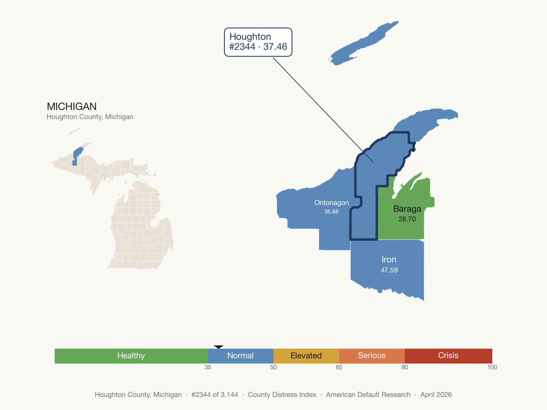 County Distress Index cluster map. Houghton County, Michigan and its neighbors colored by distress fifth.