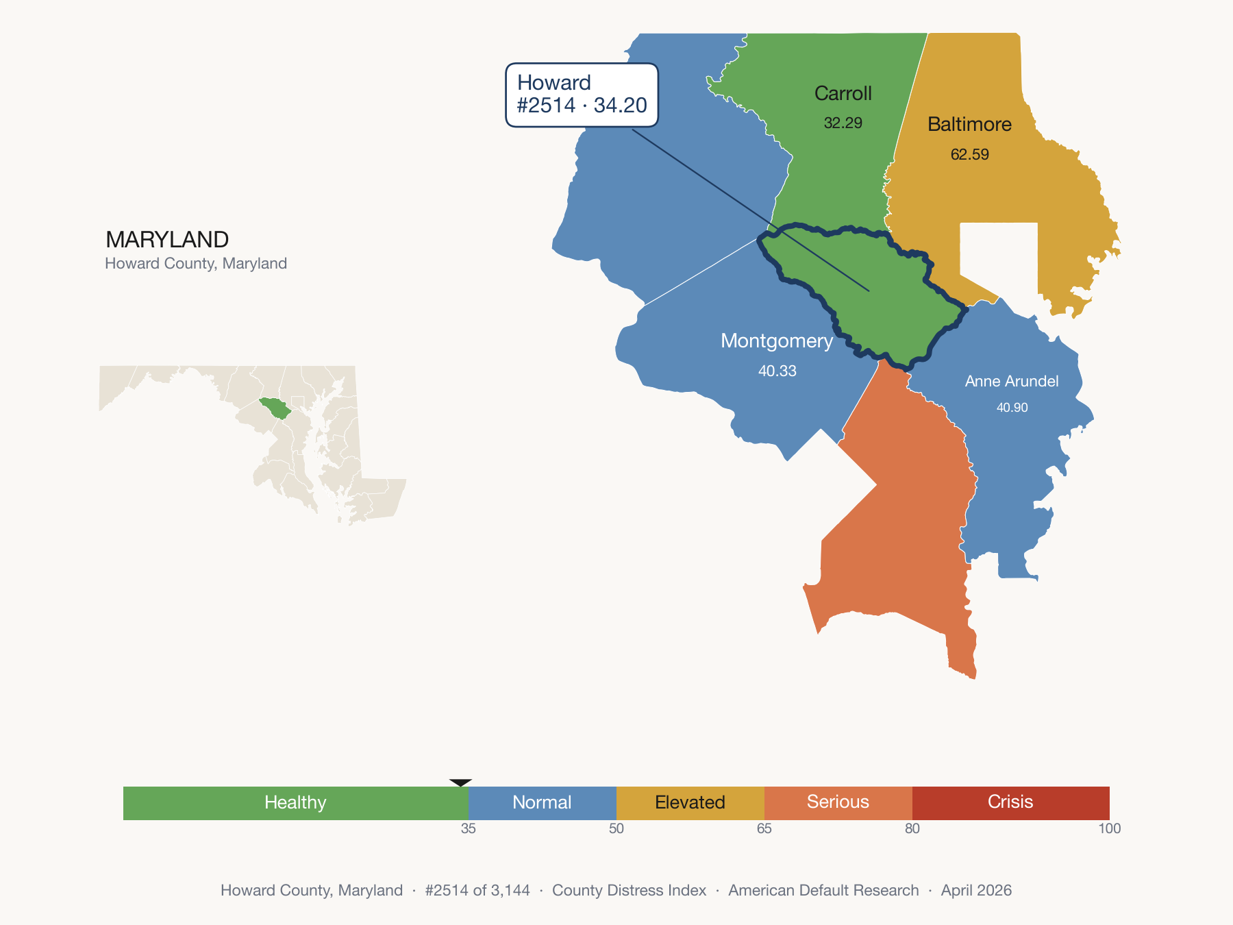County Distress Index cluster map. Howard County, Maryland and its neighbors colored by distress zone.