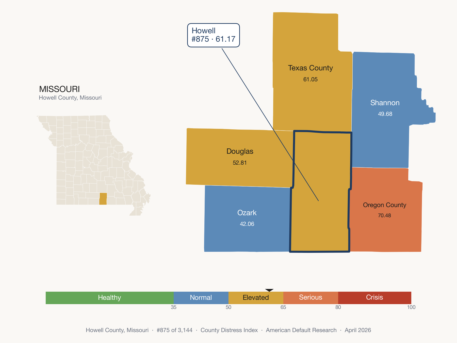 County Distress Index cluster map. Howell County, Missouri and its neighbors colored by distress fifth.