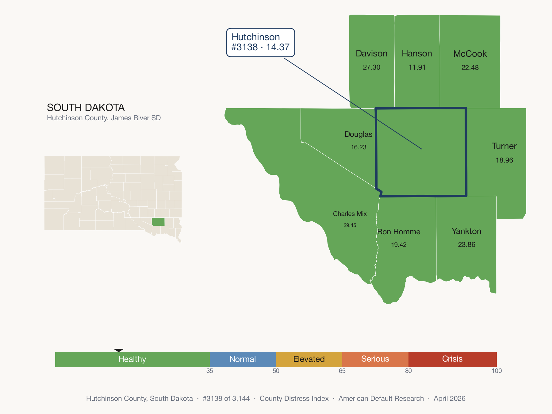 County Distress Index cluster map. Hutchinson County, South Dakota and its neighbors colored by distress zone.