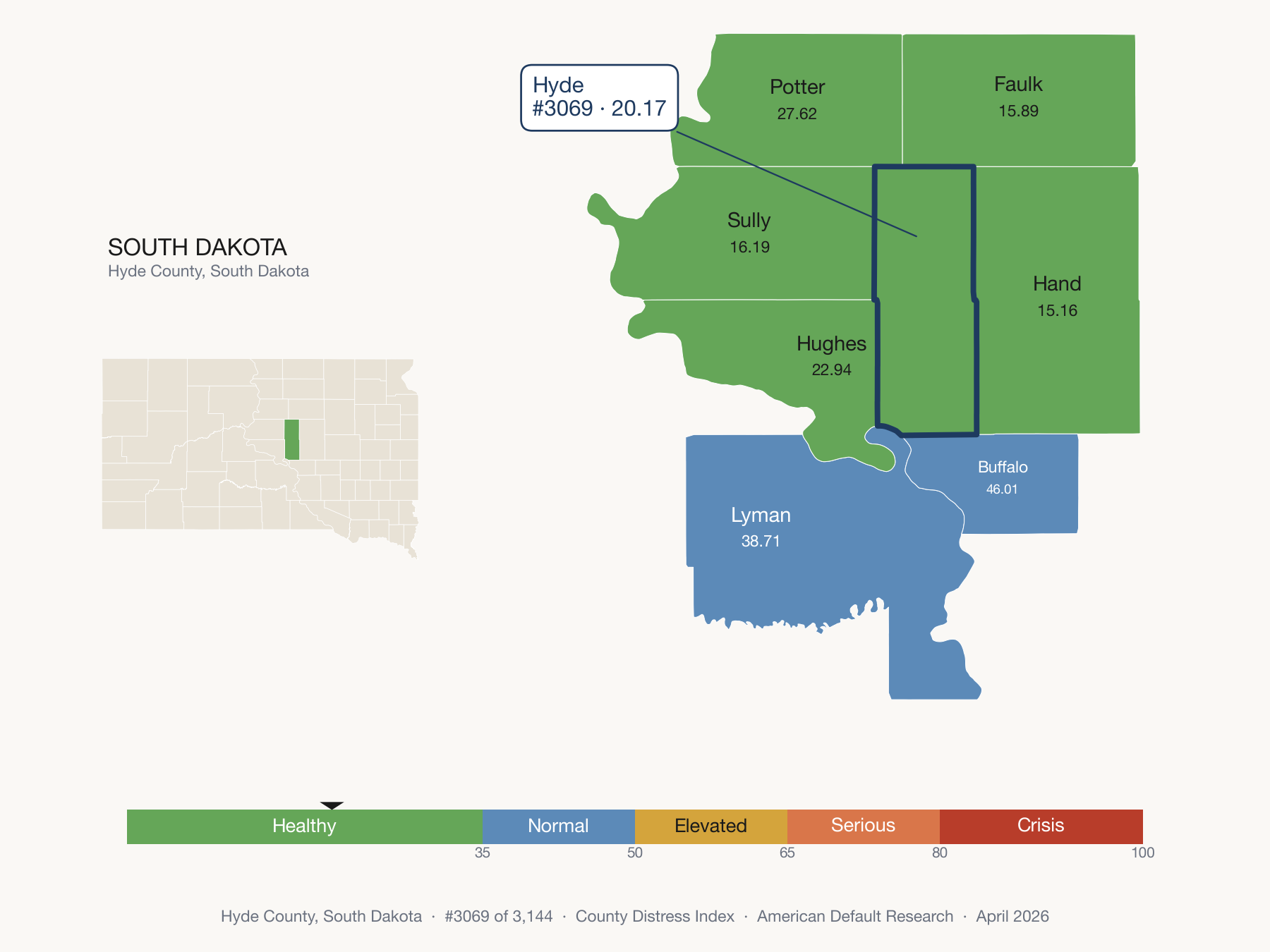 County Distress Index cluster map. Hyde County, South Dakota and its neighbors colored by distress zone.