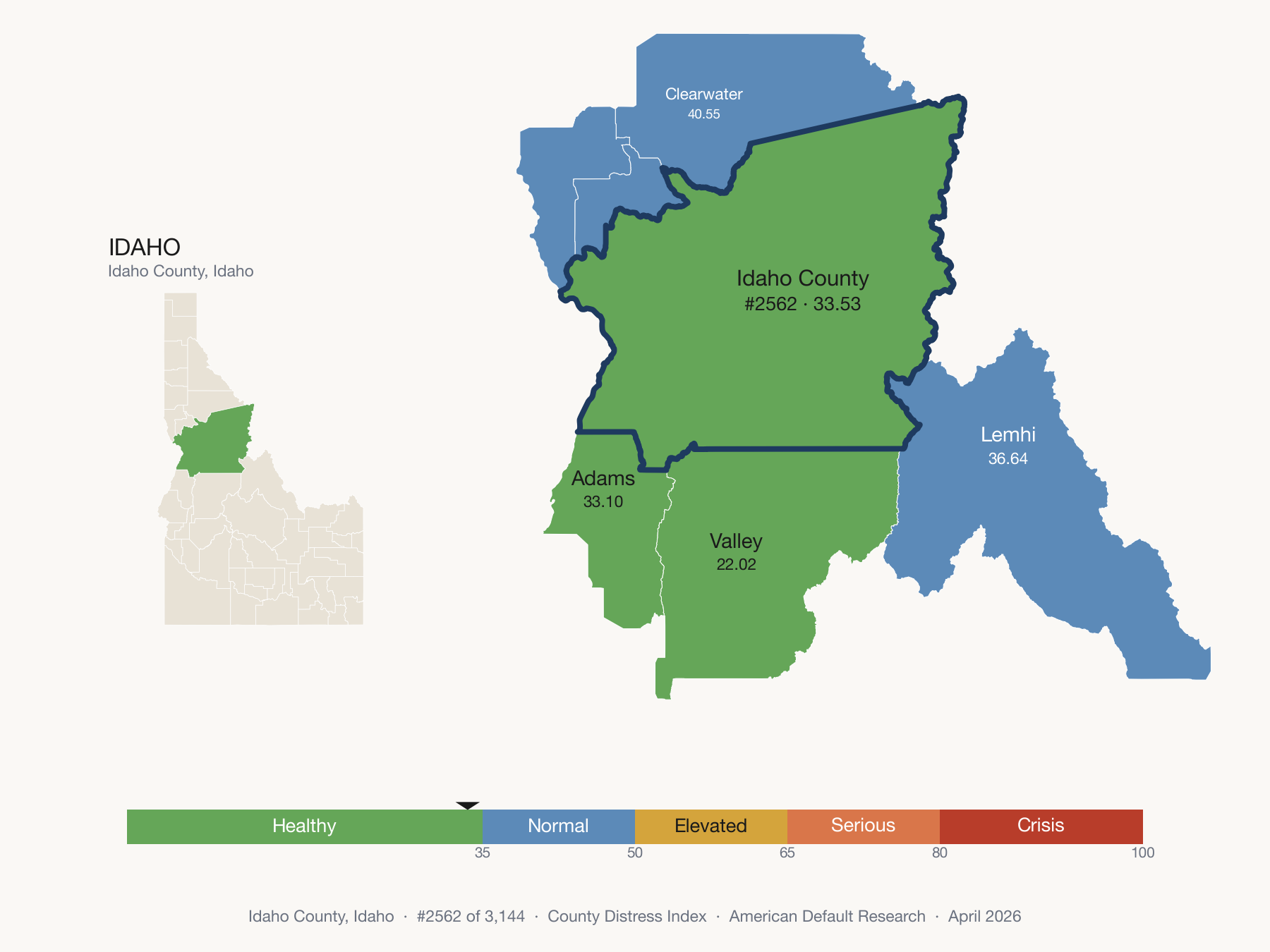 County Distress Index cluster map. Idaho County, Idaho and its neighbors colored by distress zone.