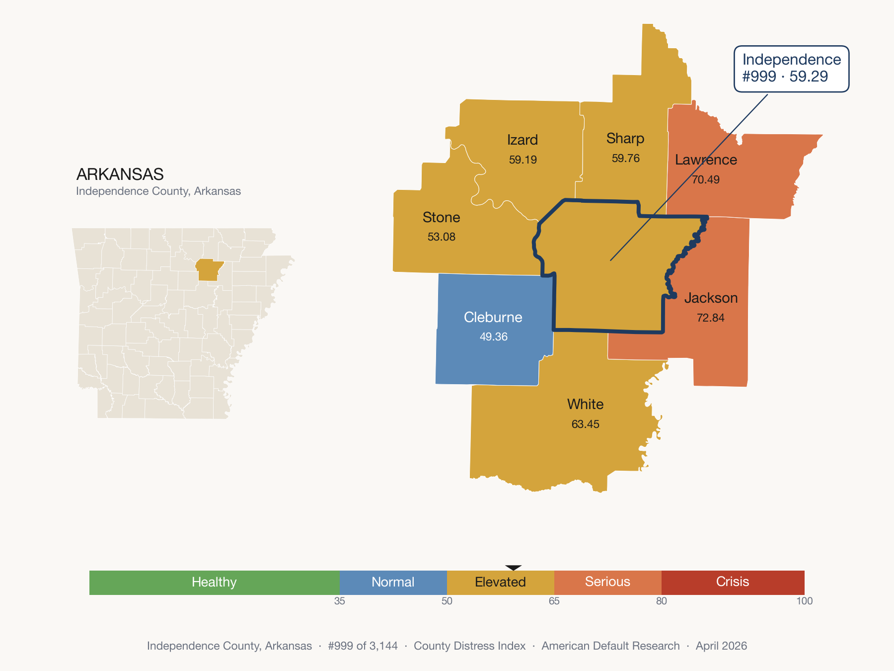 County Distress Index cluster map. Independence County, Arkansas and its neighbors colored by distress zone.