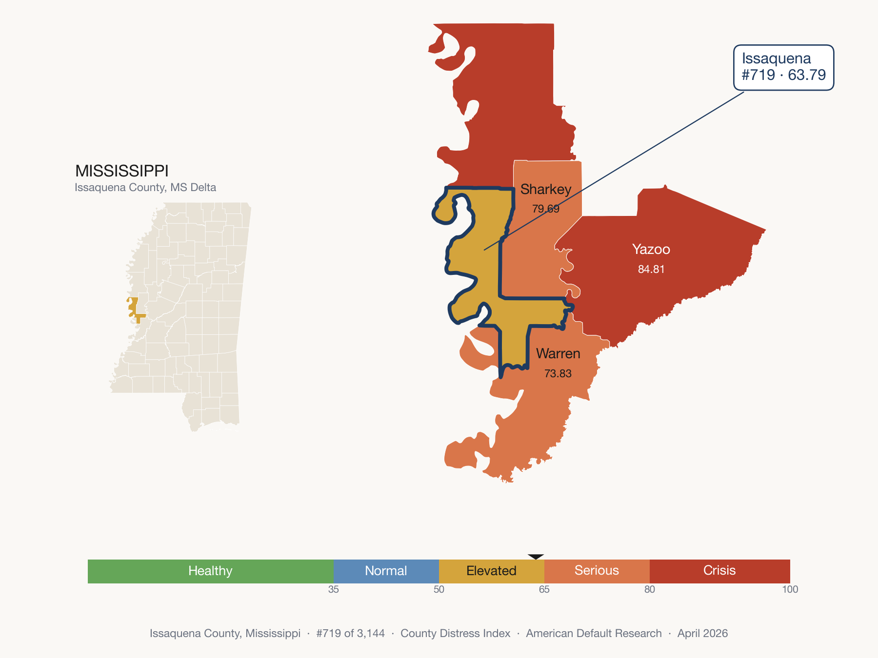 County Distress Index cluster map. Issaquena County, Mississippi and its neighbors colored by distress zone.