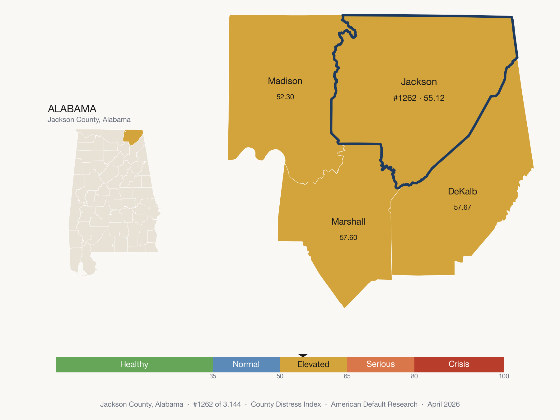 County Distress Index cluster map. Jackson County, Alabama and its neighbors colored by distress zone.