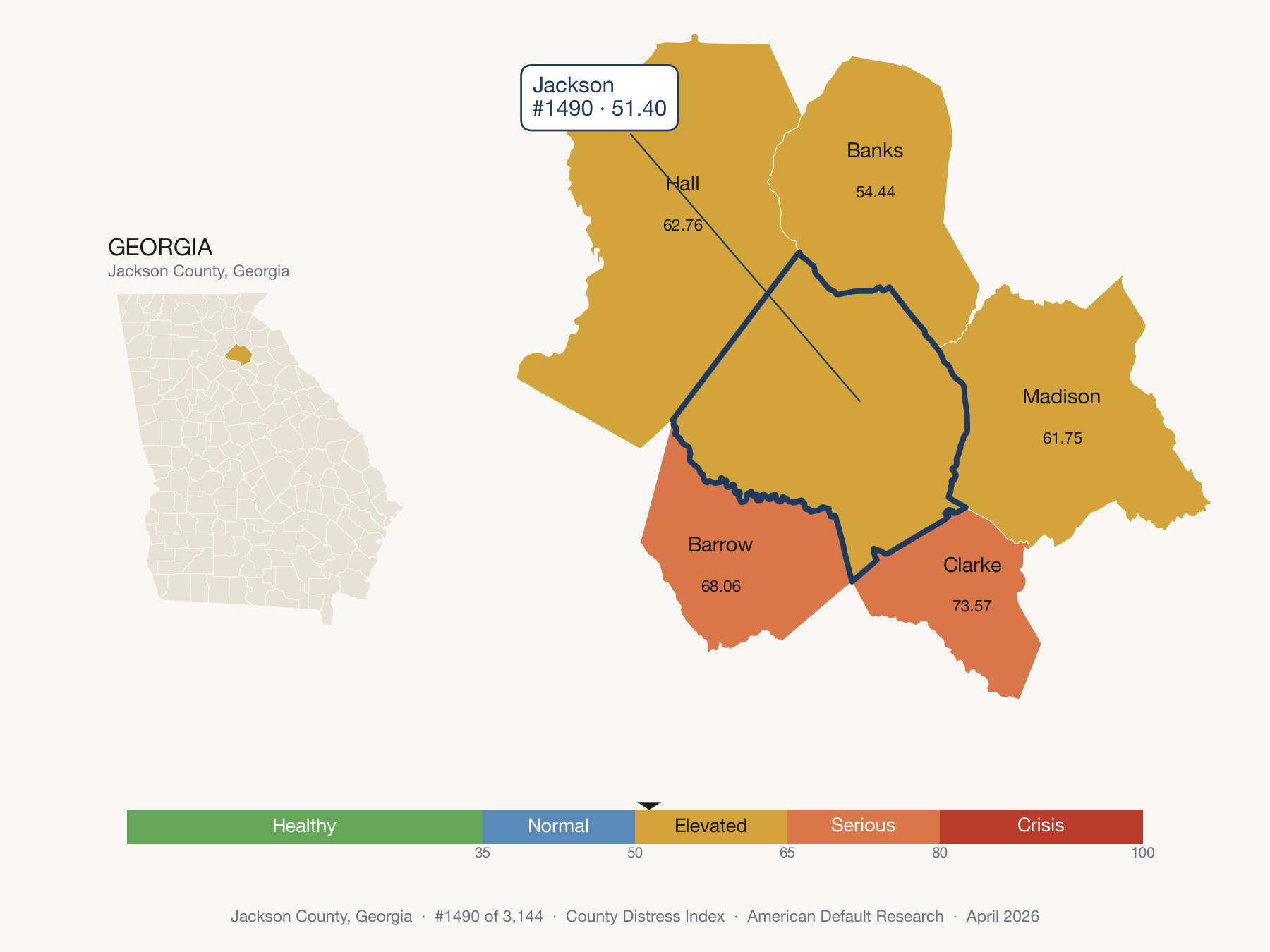 County Distress Index cluster map. Jackson County, Georgia and its neighbors colored by distress zone.
