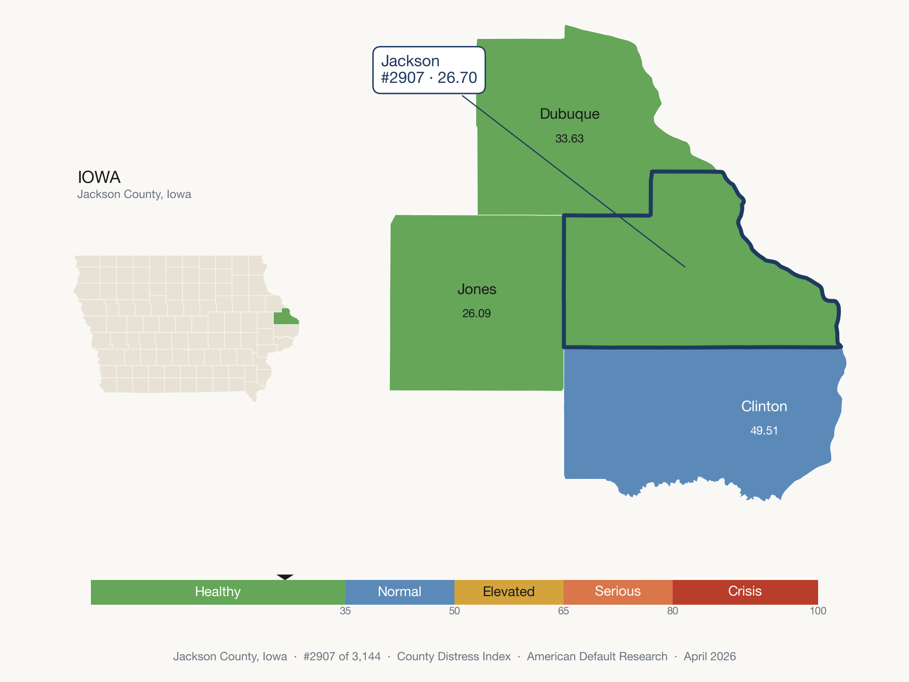 County Distress Index cluster map. Jackson County, Iowa and its neighbors colored by distress zone.
