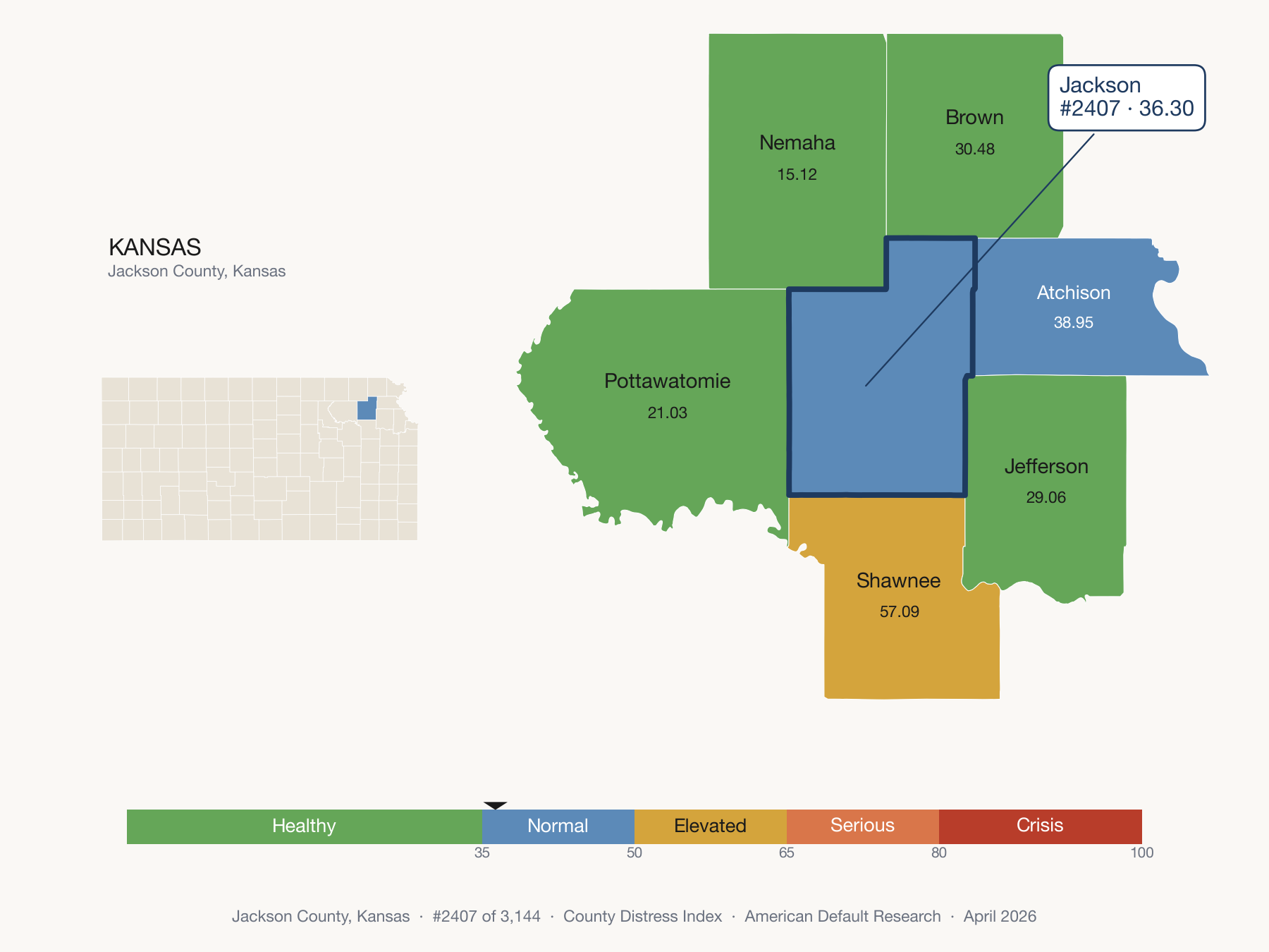County Distress Index cluster map. Jackson County, Kansas and its neighbors colored by distress fifth.