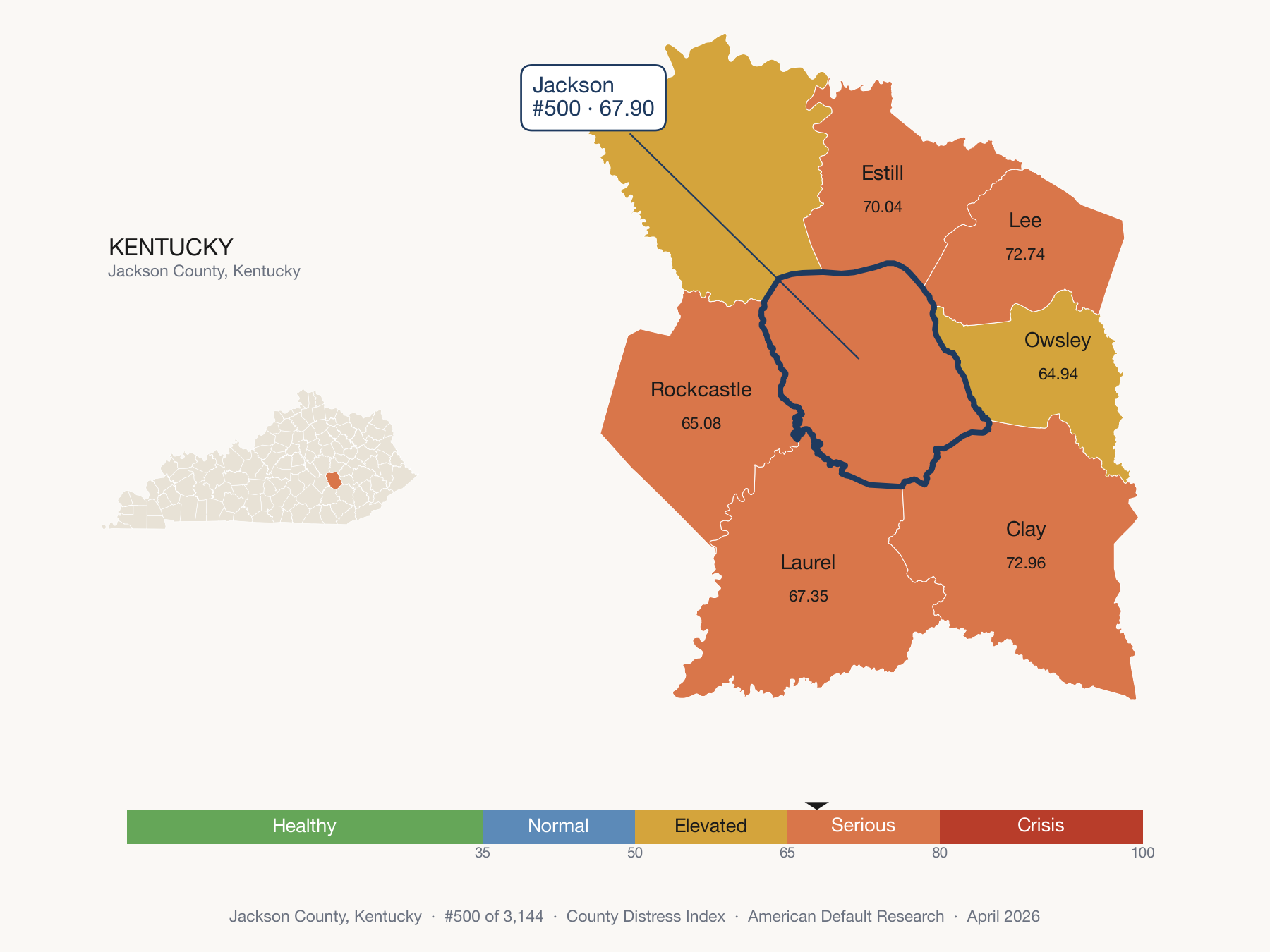 County Distress Index cluster map. Jackson County, Kentucky and its neighbors colored by distress fifth.