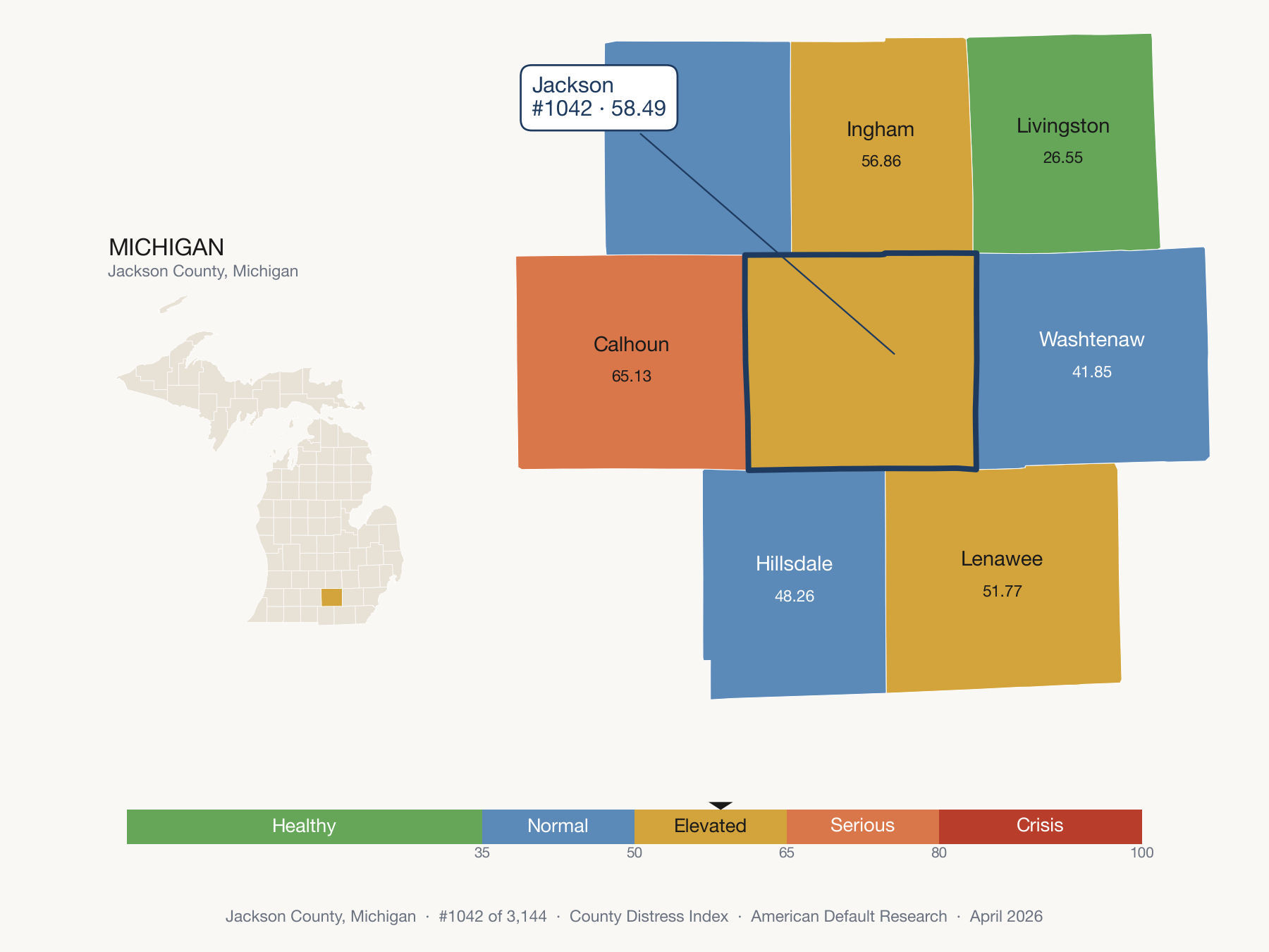 County Distress Index cluster map. Jackson County, Michigan and its neighbors colored by distress fifth.
