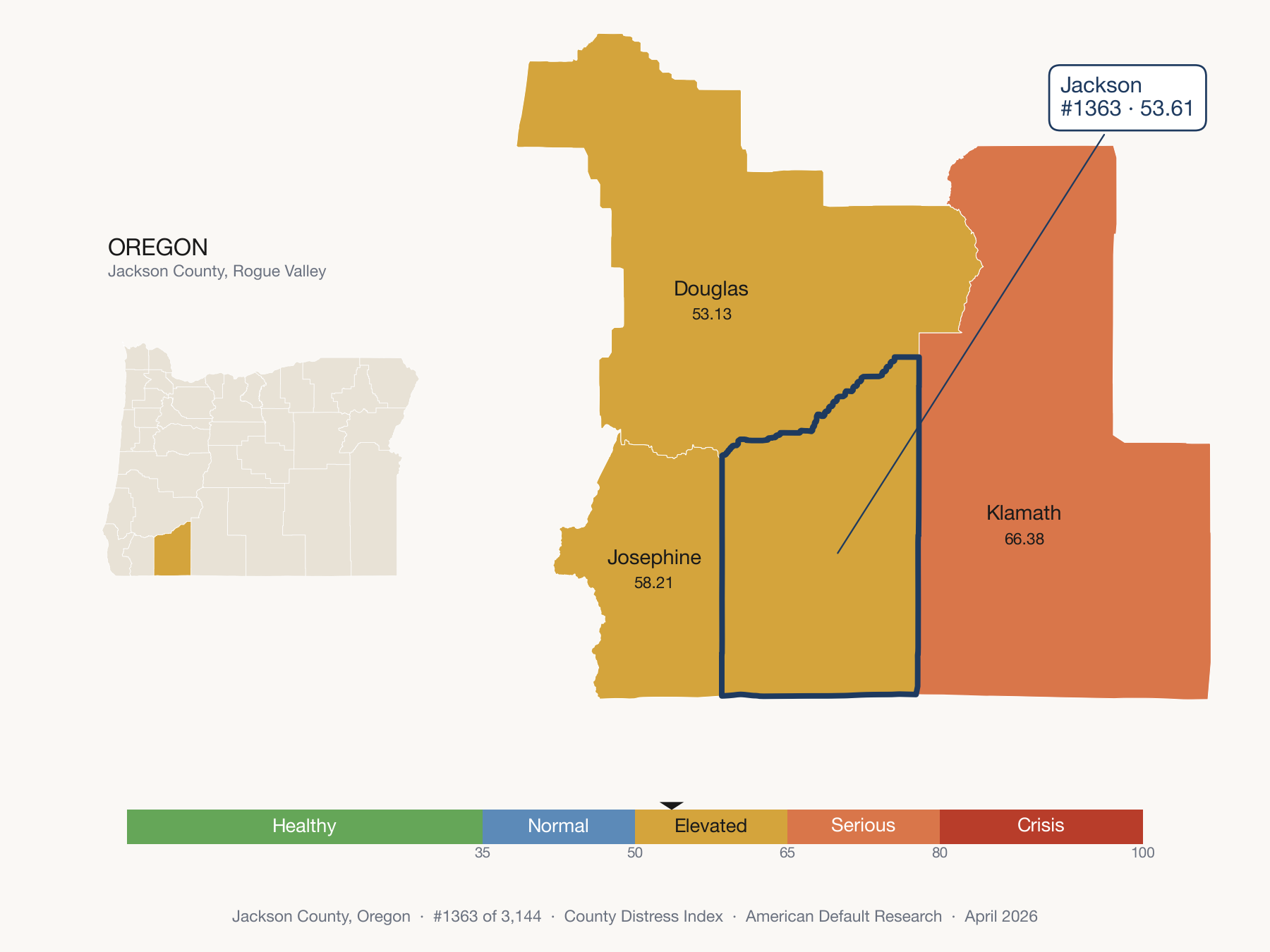 County Distress Index cluster map. Jackson County, Oregon and its neighbors colored by distress zone.