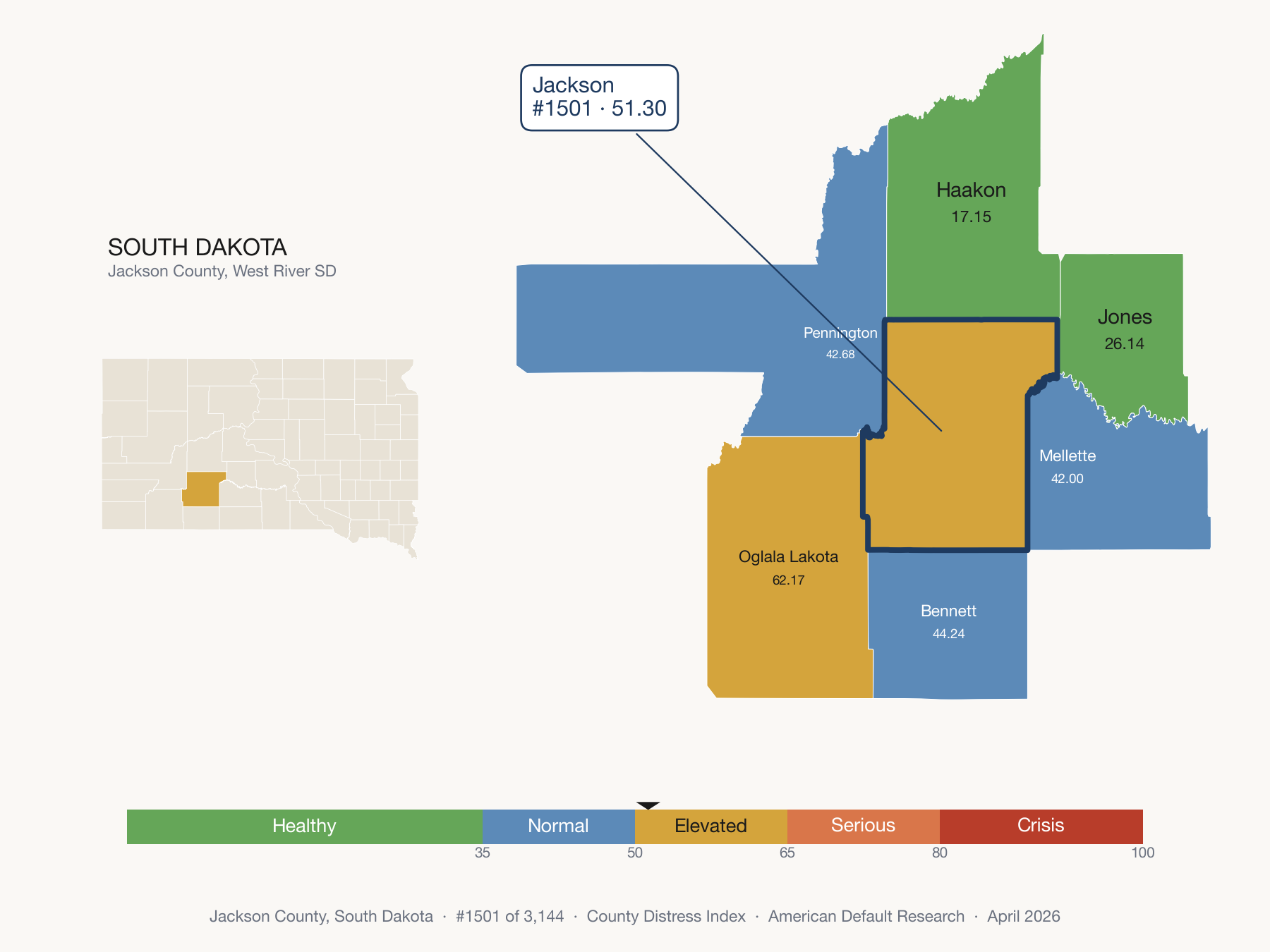 County Distress Index cluster map. Jackson County, South Dakota and its neighbors colored by distress zone.
