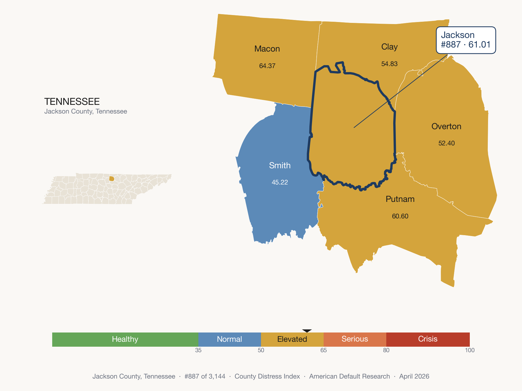 County Distress Index cluster map. Jackson County, Tennessee and its neighbors colored by distress fifth.