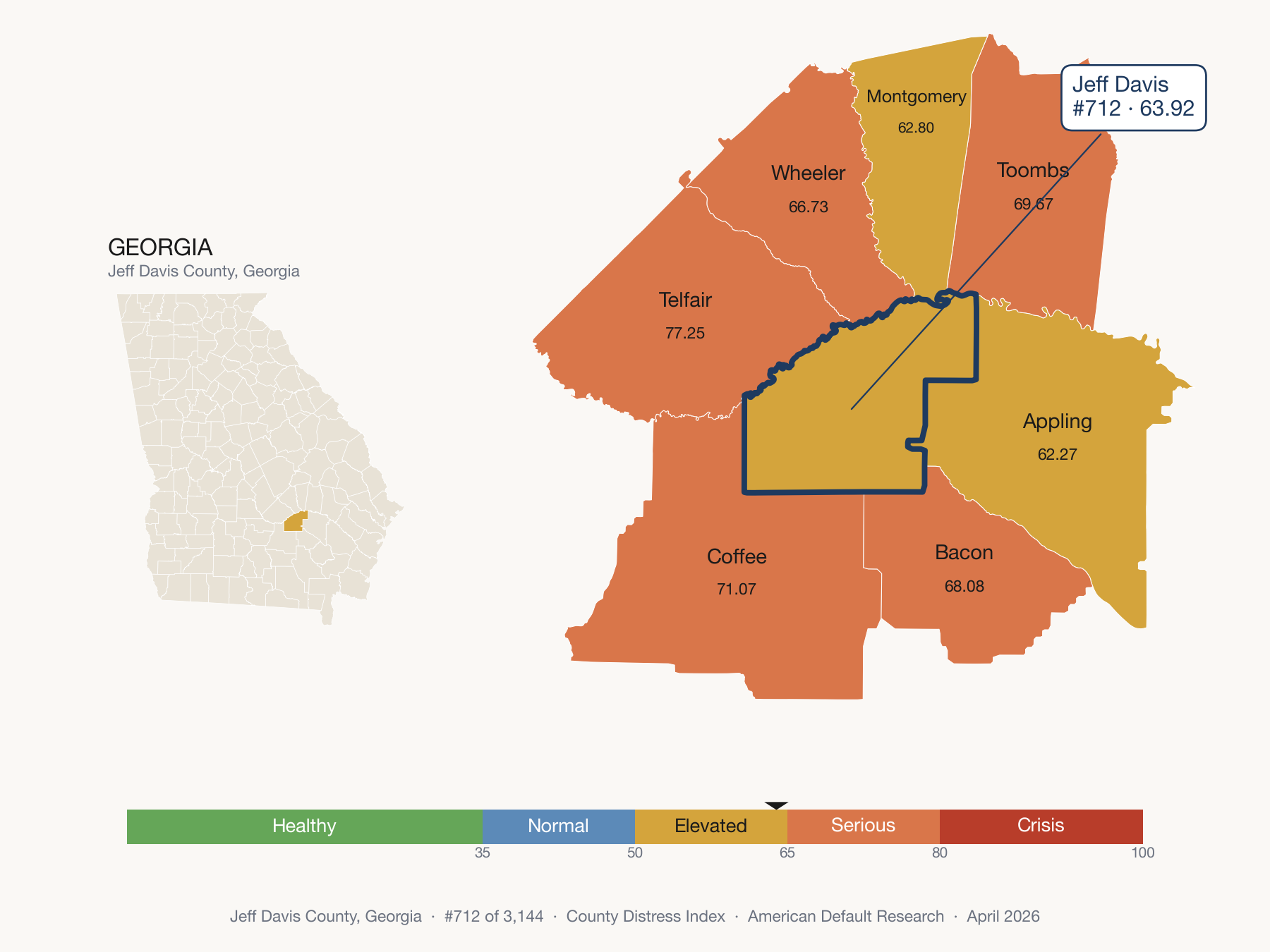 County Distress Index cluster map. Jeff Davis County, Georgia and its neighbors colored by distress fifth.