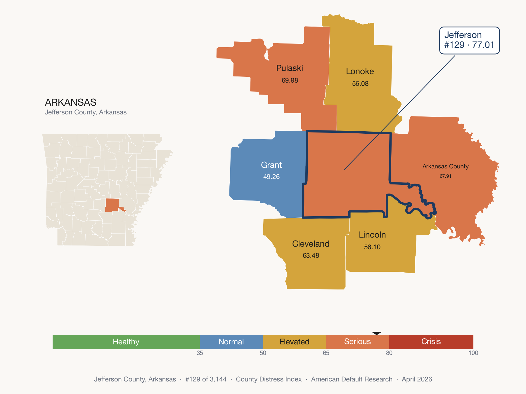 County Distress Index cluster map. Jefferson County, Arkansas and its neighbors colored by distress fifth.