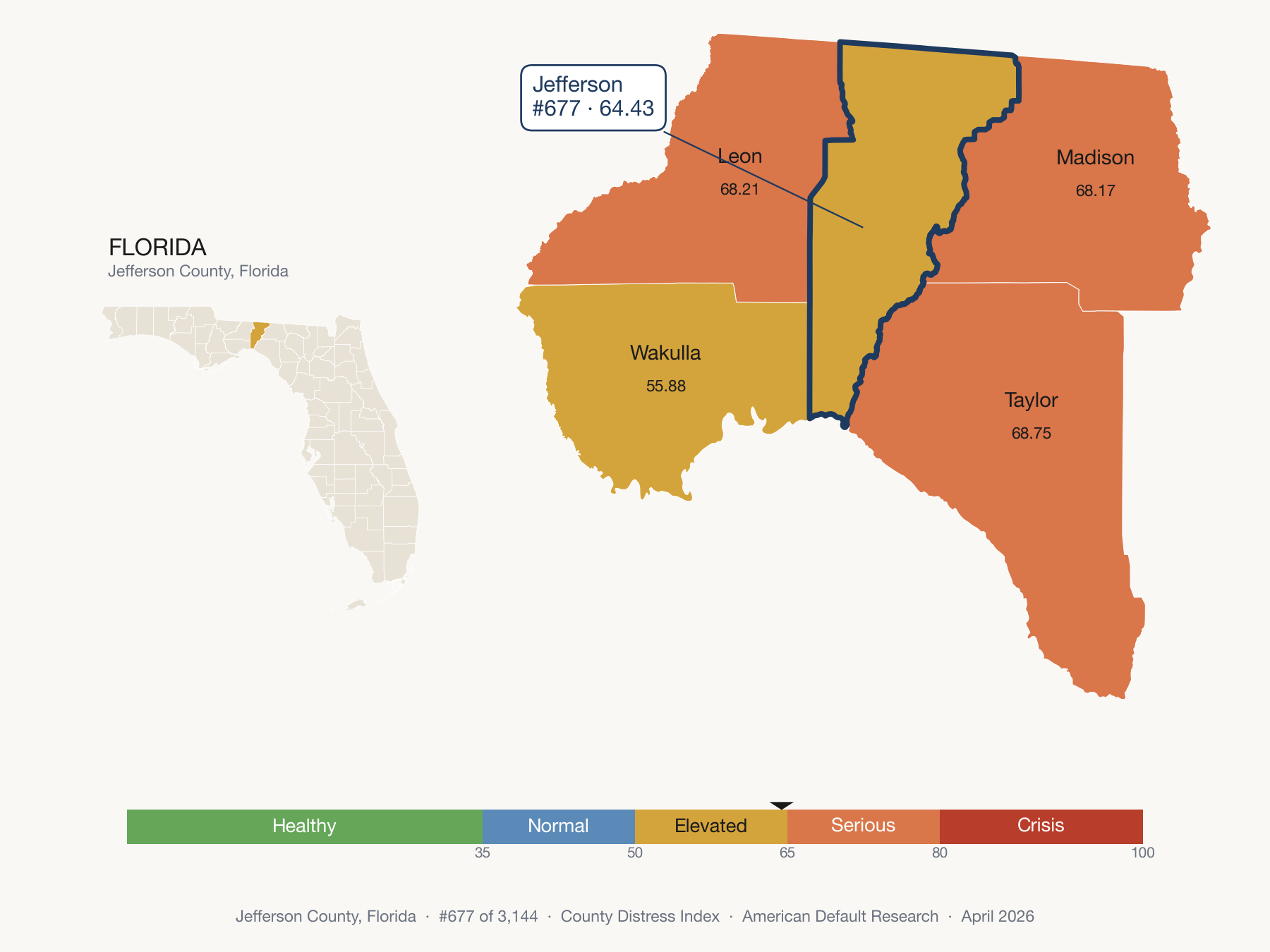 County Distress Index cluster map. Jefferson County, Florida and its neighbors colored by distress fifth.