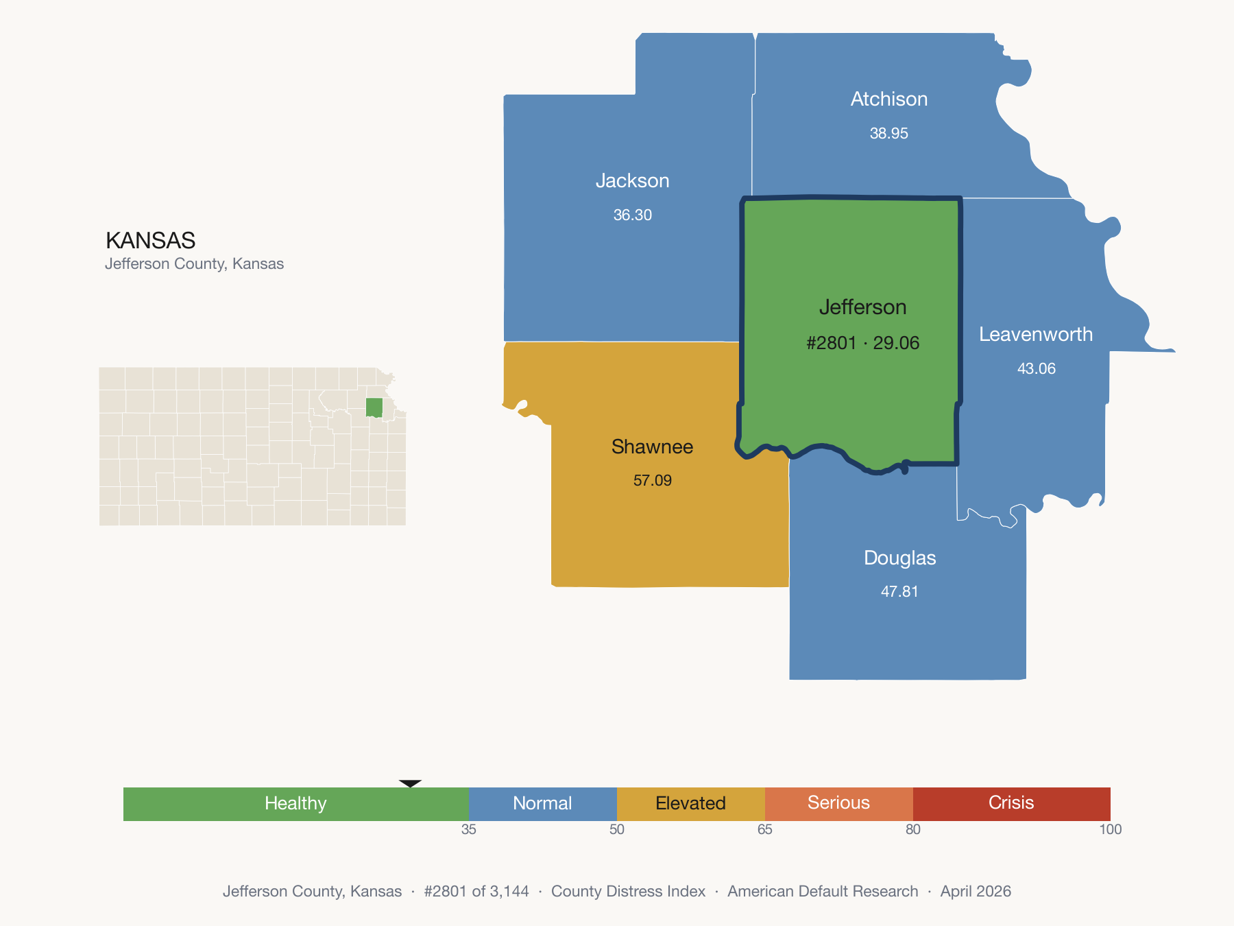 County Distress Index cluster map. Jefferson County, Kansas and its neighbors colored by distress fifth.