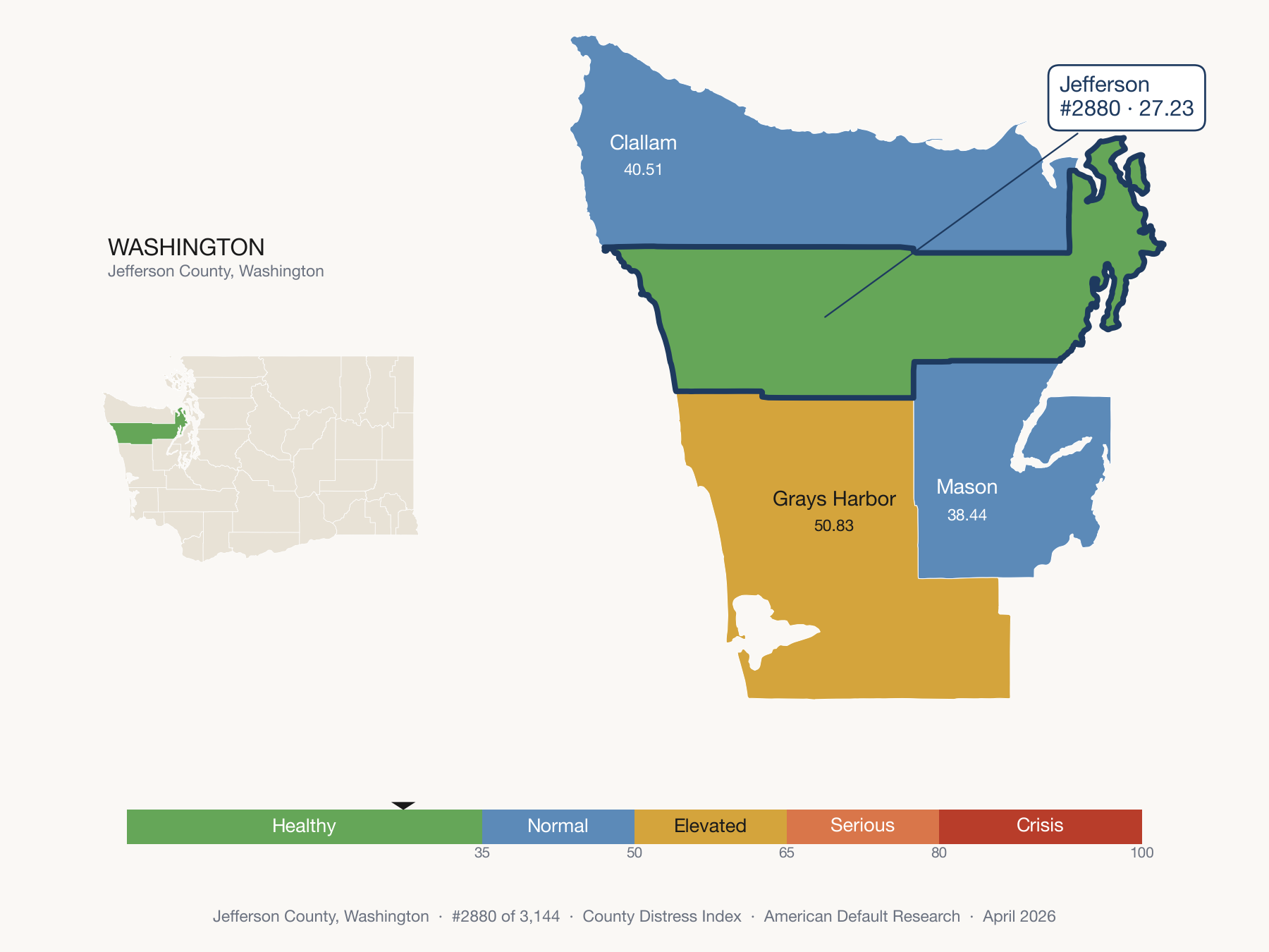 County Distress Index cluster map. Jefferson County, Washington and its neighbors colored by distress zone.