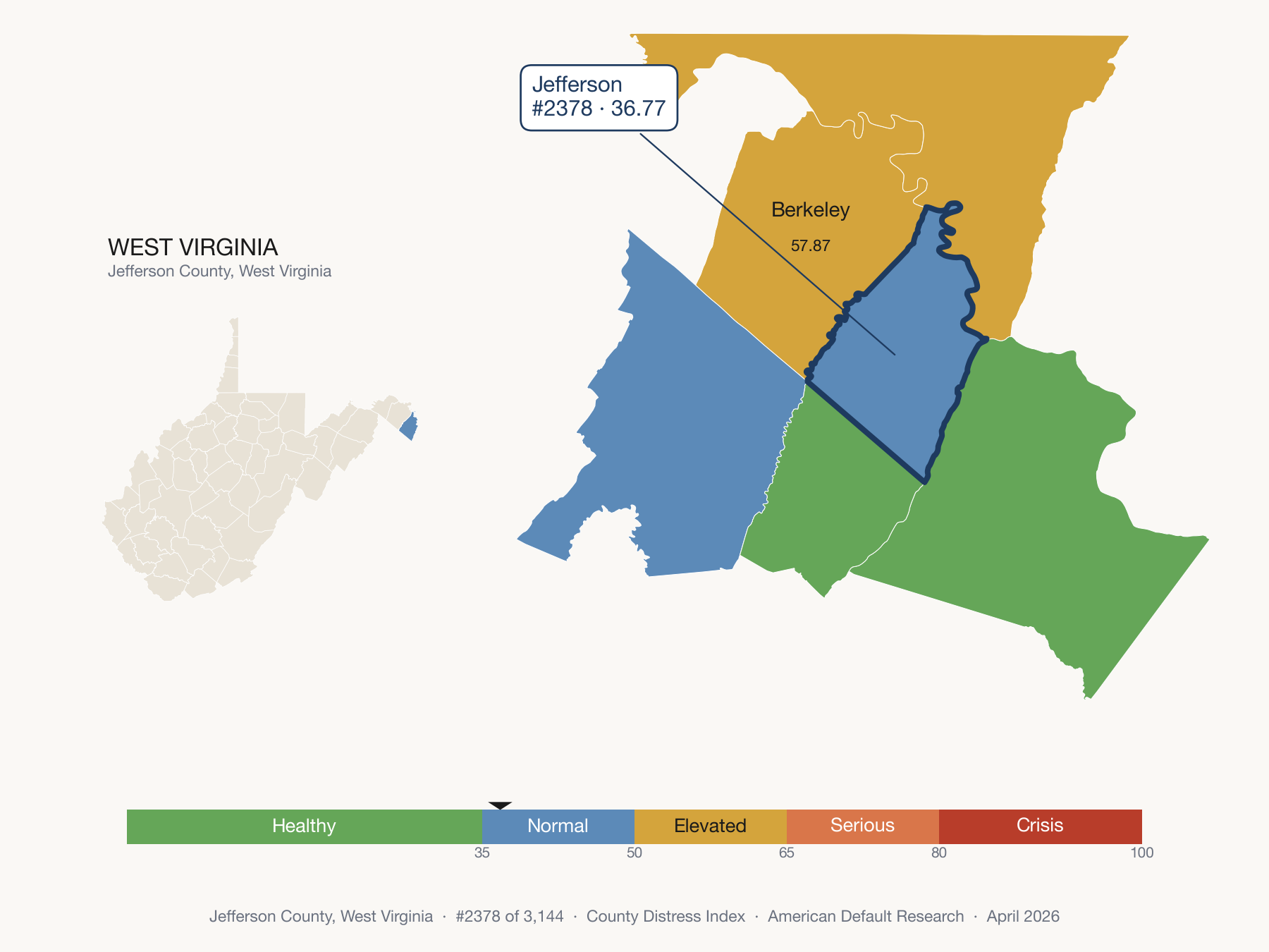 County Distress Index cluster map. Jefferson County, West Virginia and its neighbors colored by distress fifth.