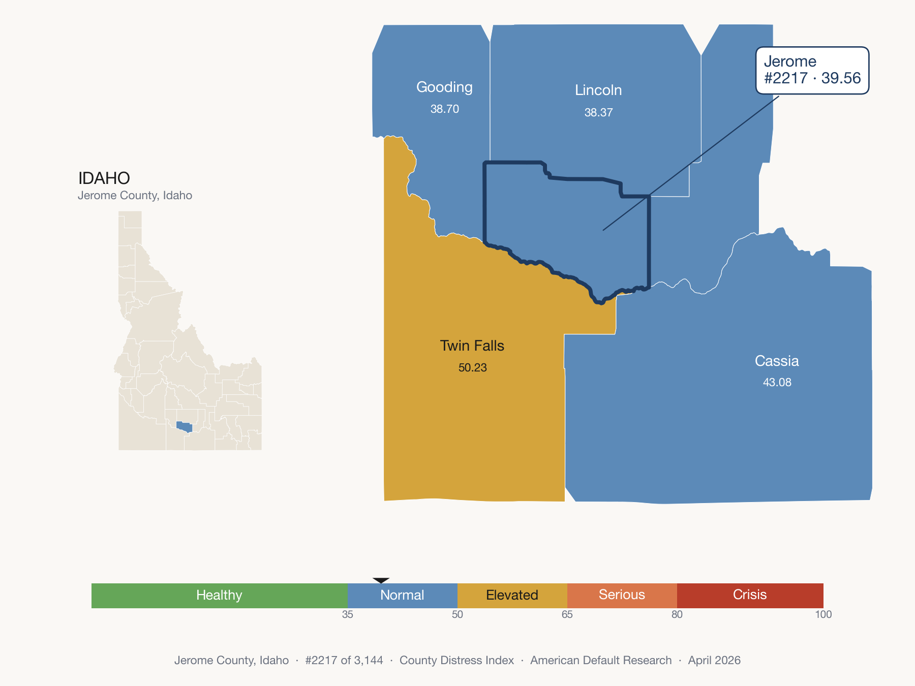 County Distress Index cluster map. Jerome County, Idaho and its neighbors colored by distress fifth.