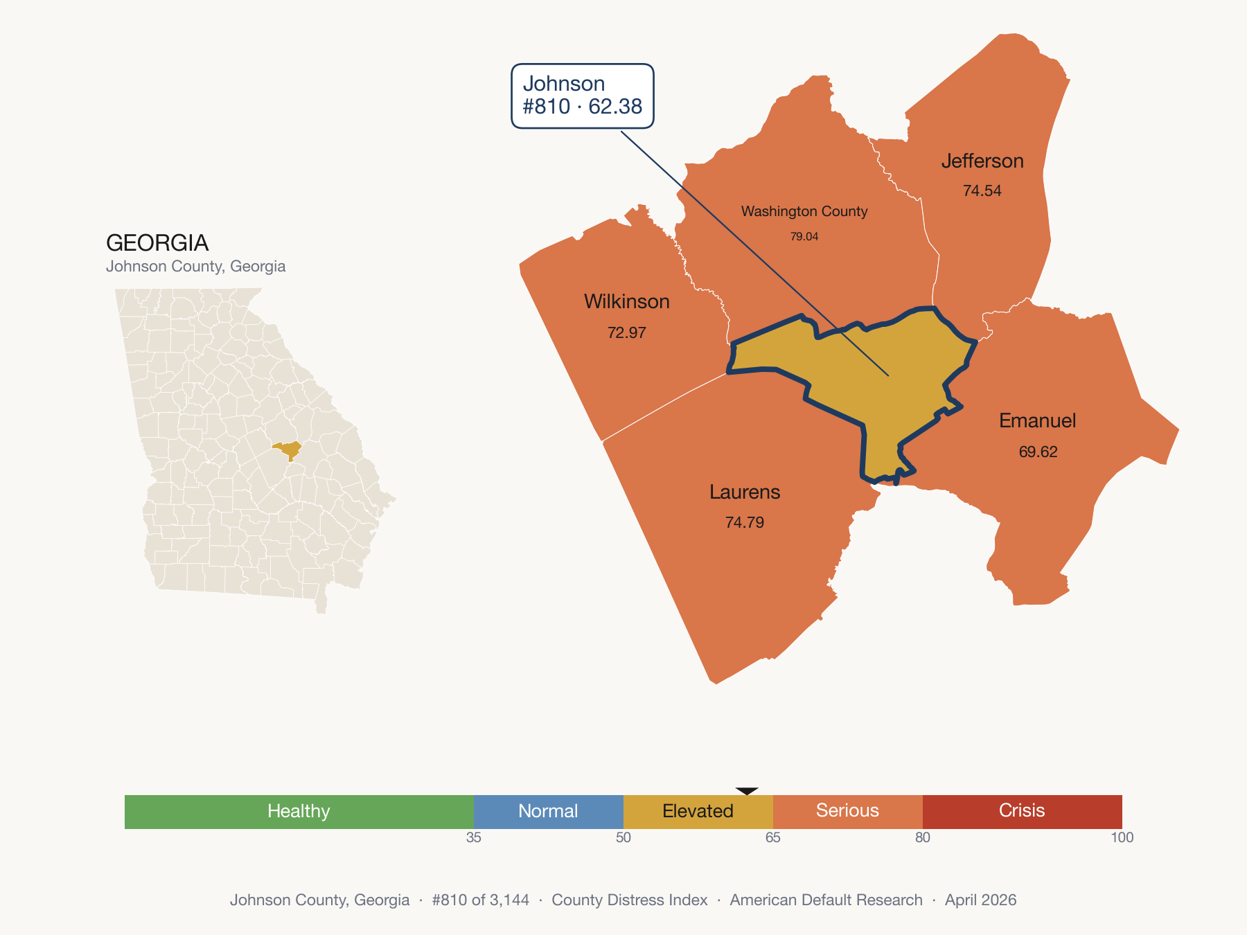 County Distress Index cluster map. Johnson County, Georgia and its neighbors colored by distress zone.
