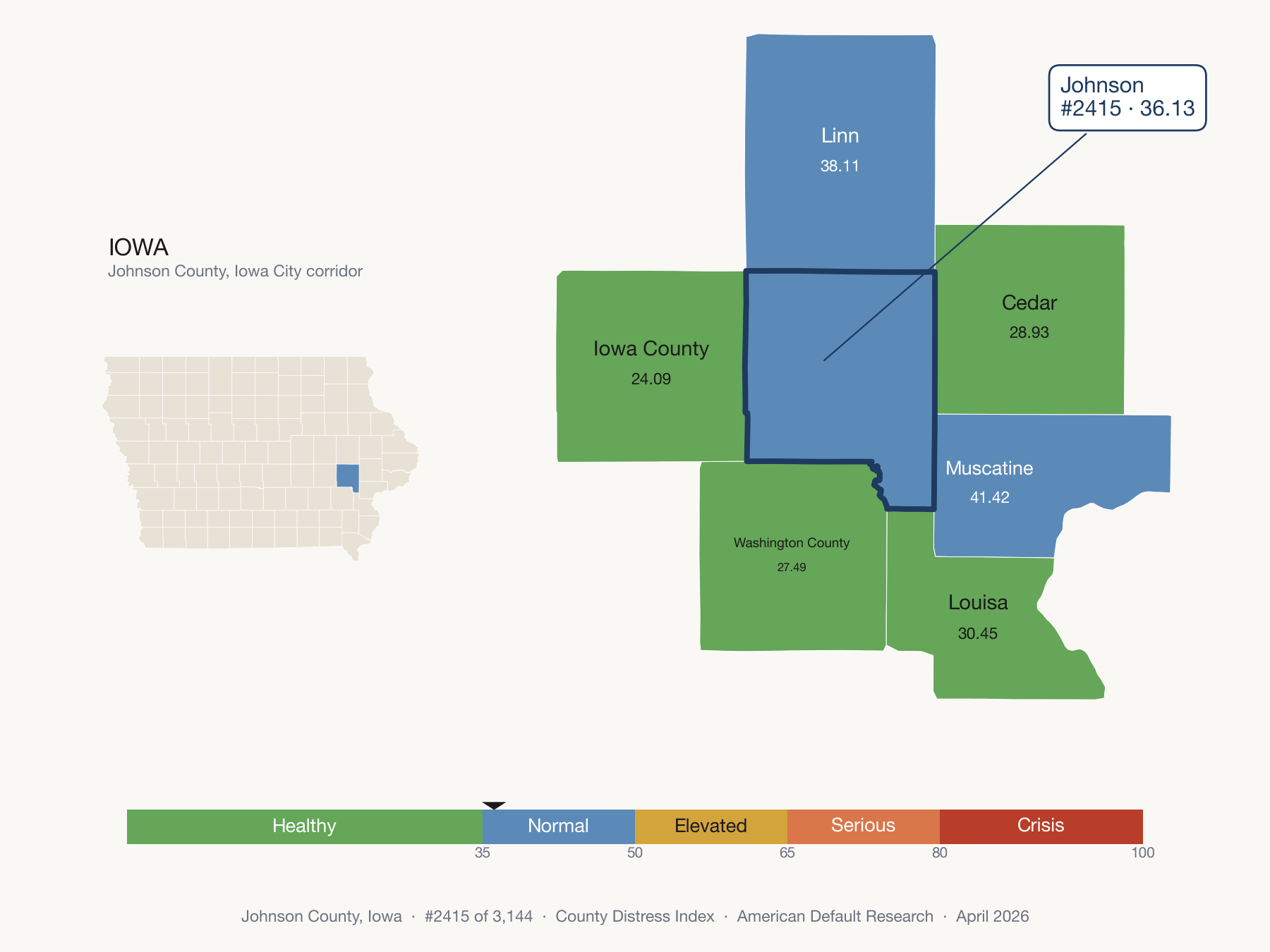 County Distress Index cluster map. Johnson County, Iowa and its neighbors colored by distress zone.