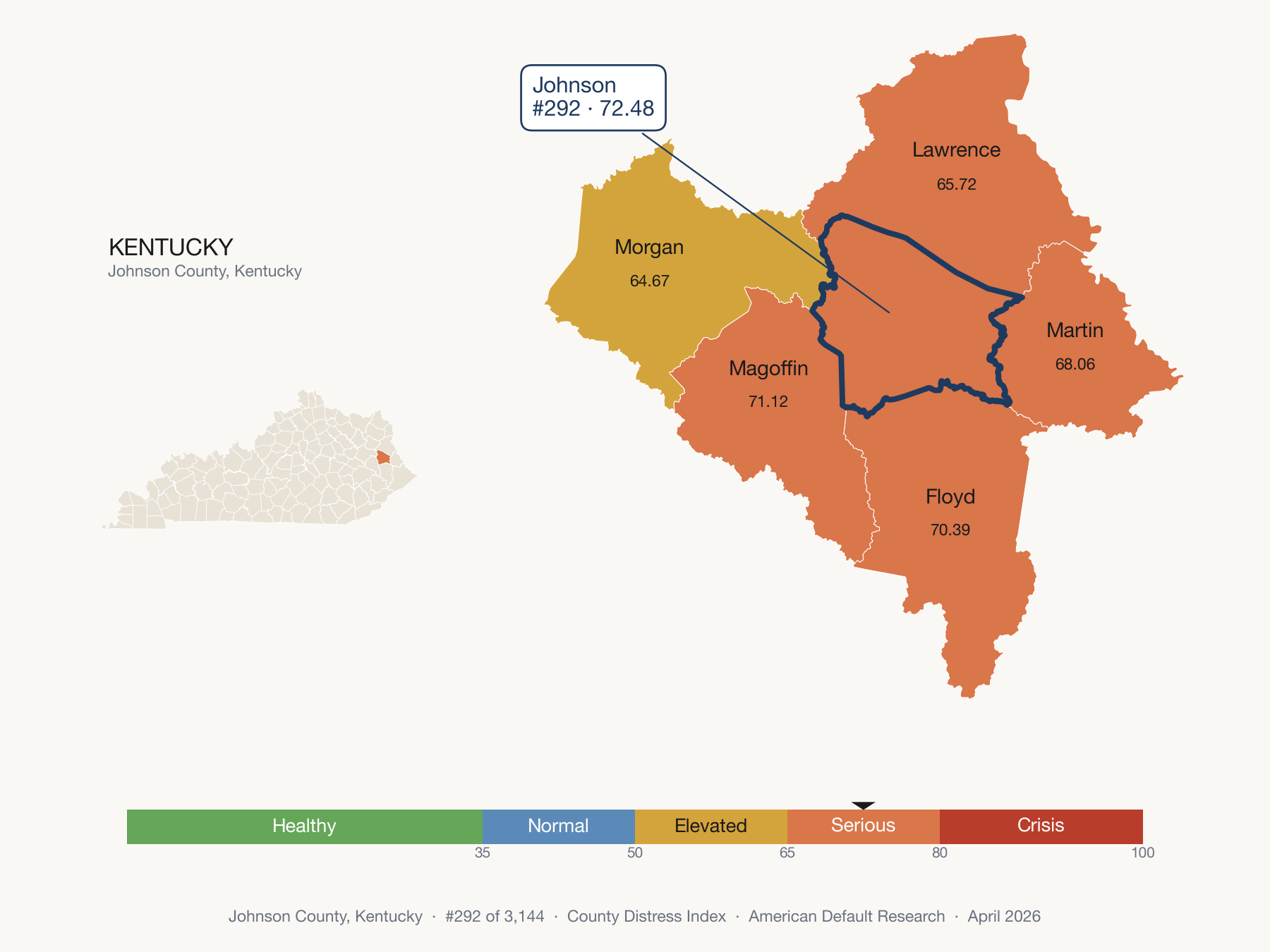 County Distress Index cluster map. Johnson County, Kentucky and its neighbors colored by distress fifth.