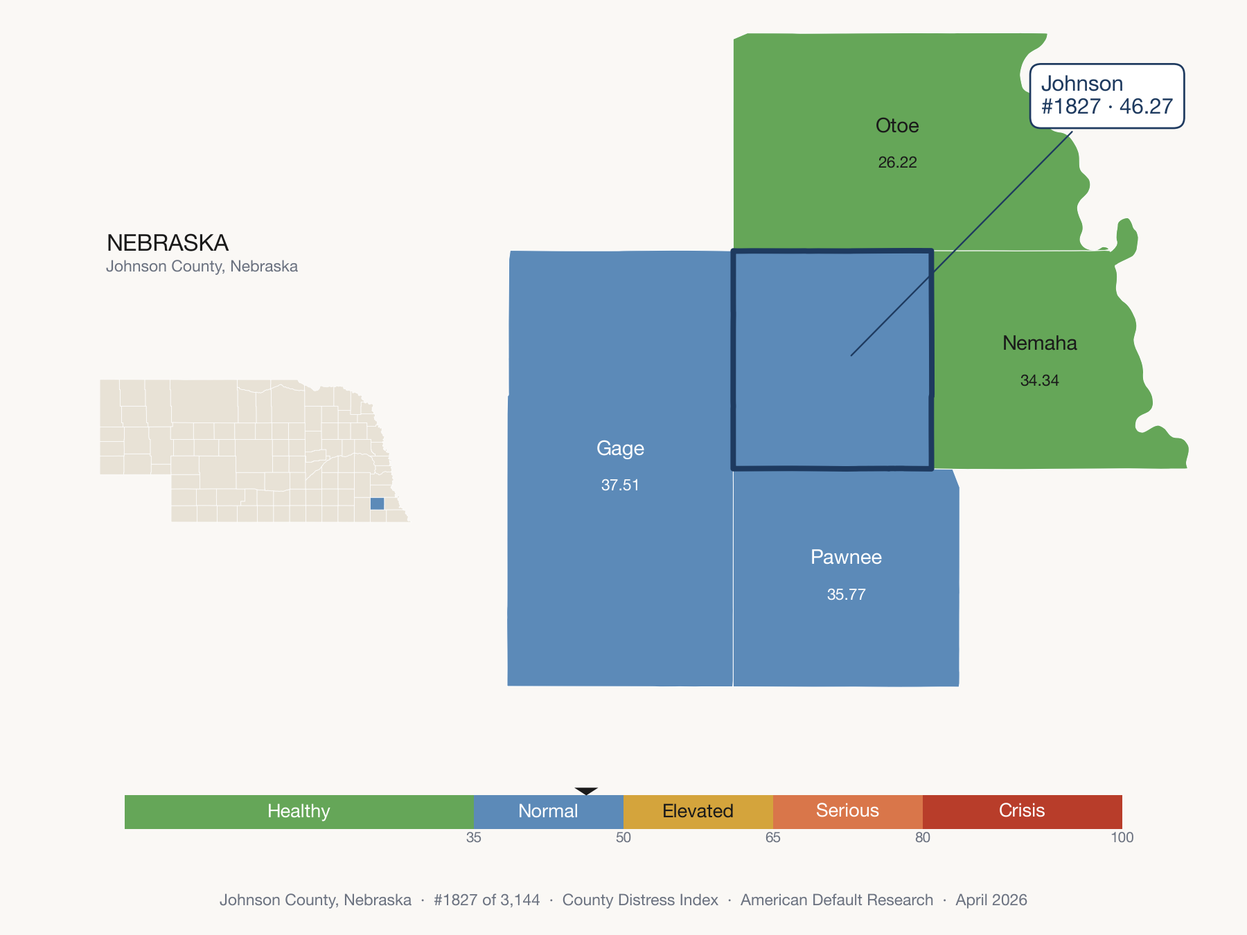 County Distress Index cluster map. Johnson County, Nebraska and its neighbors colored by distress fifth.