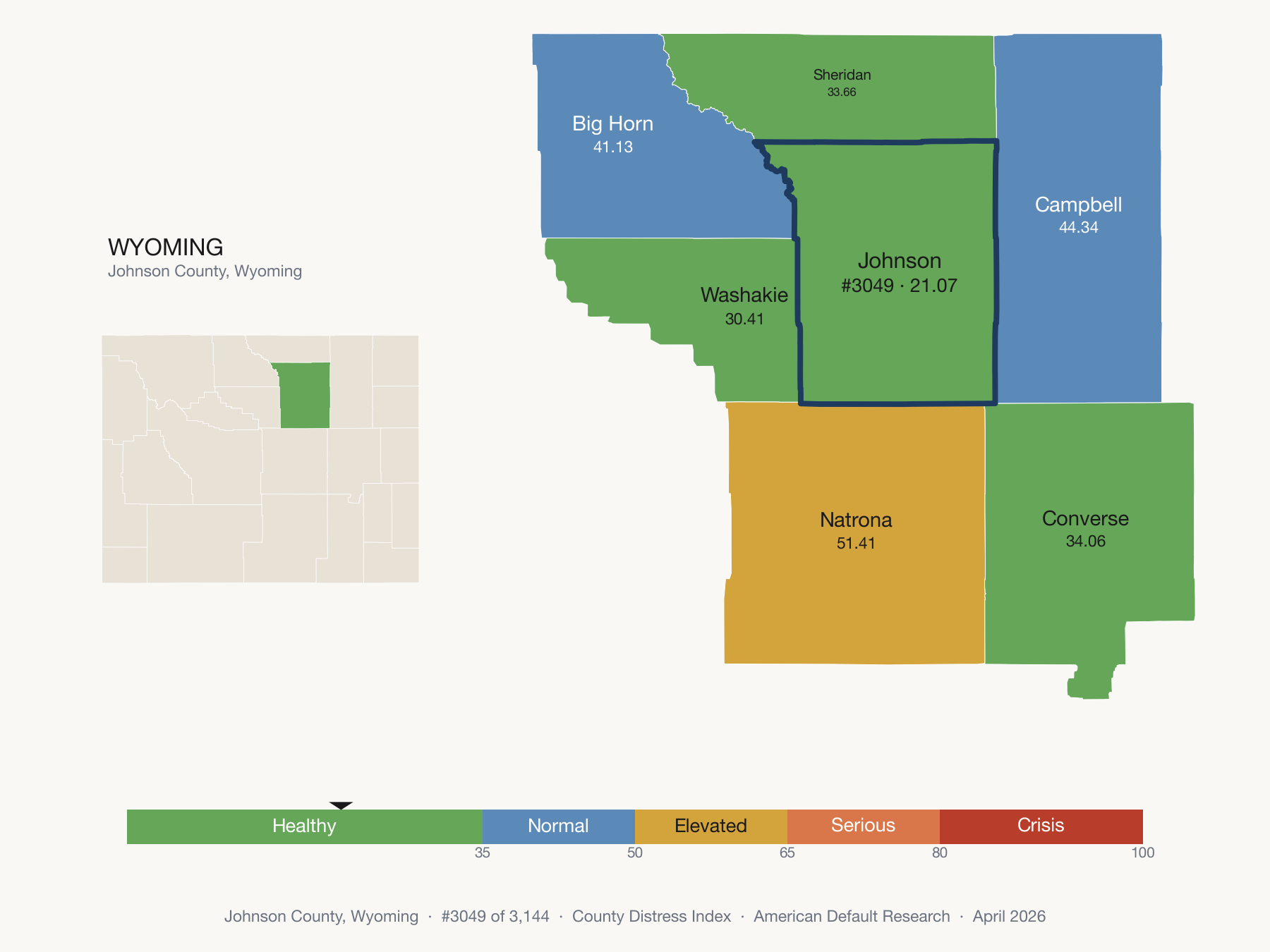 County Distress Index cluster map. Johnson County, Wyoming and its neighbors colored by distress zone.