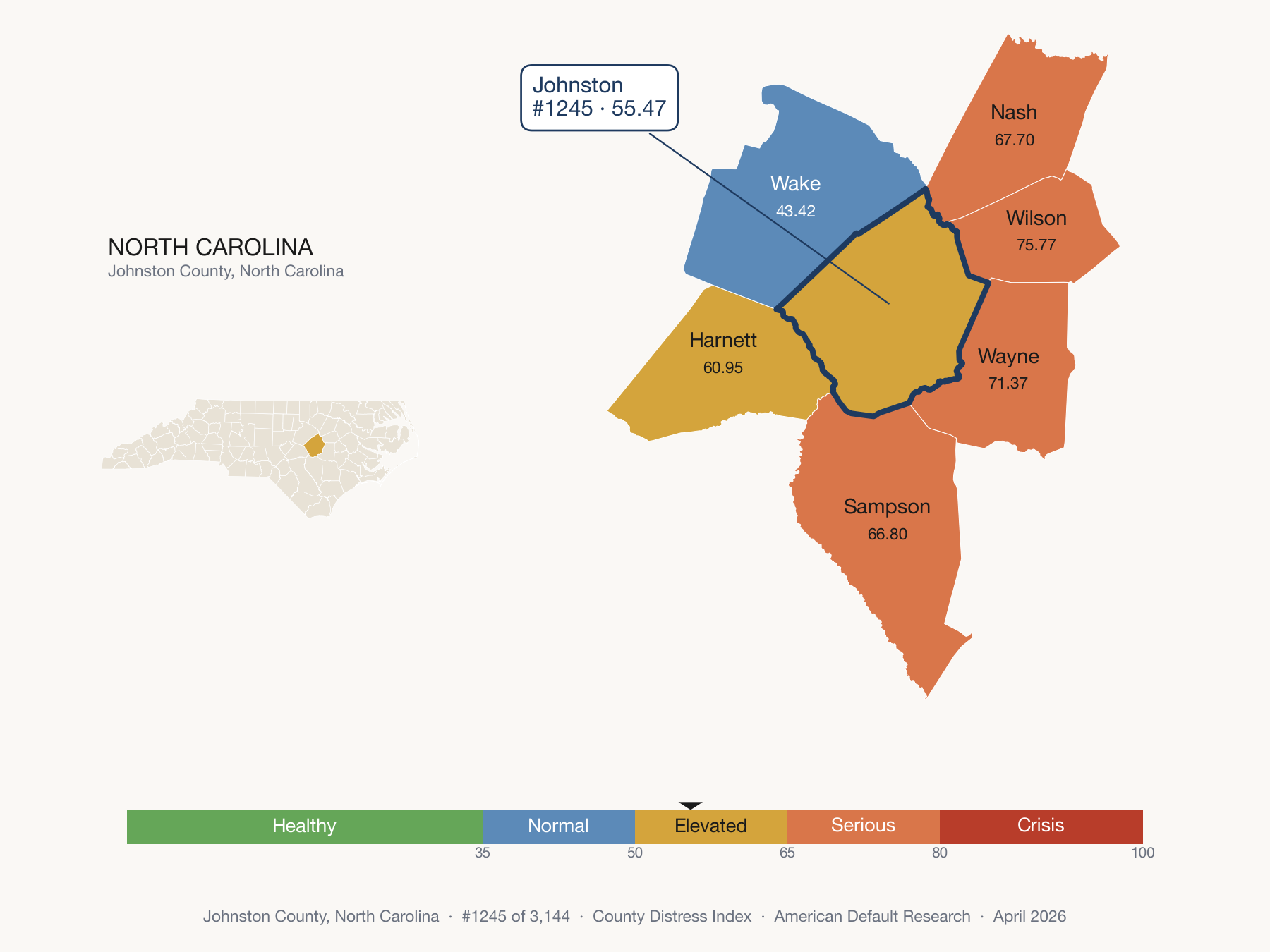 County Distress Index cluster map. Johnston County, North Carolina and its neighbors colored by distress zone.