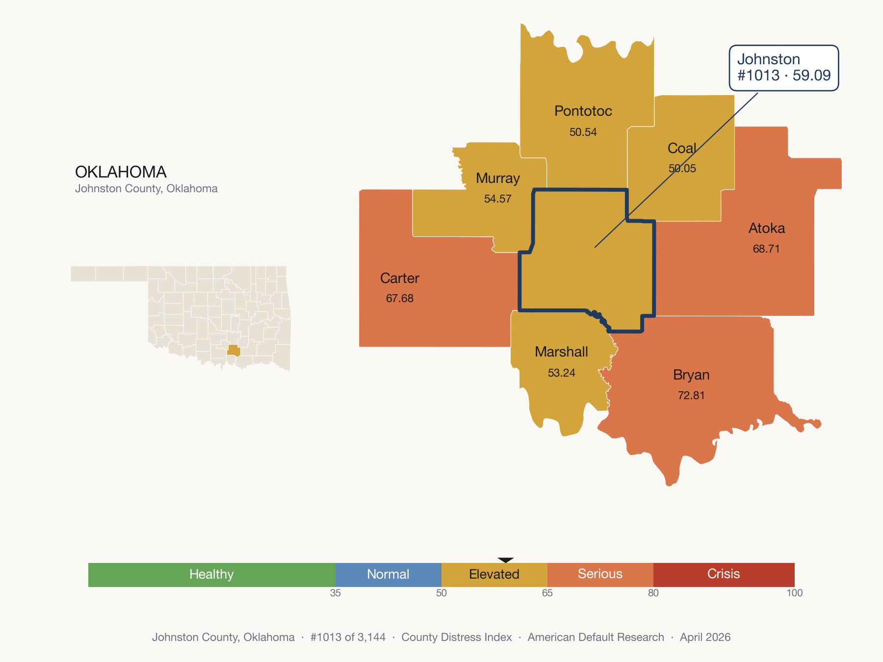 County Distress Index cluster map. Johnston County, Oklahoma and its neighbors colored by distress zone.