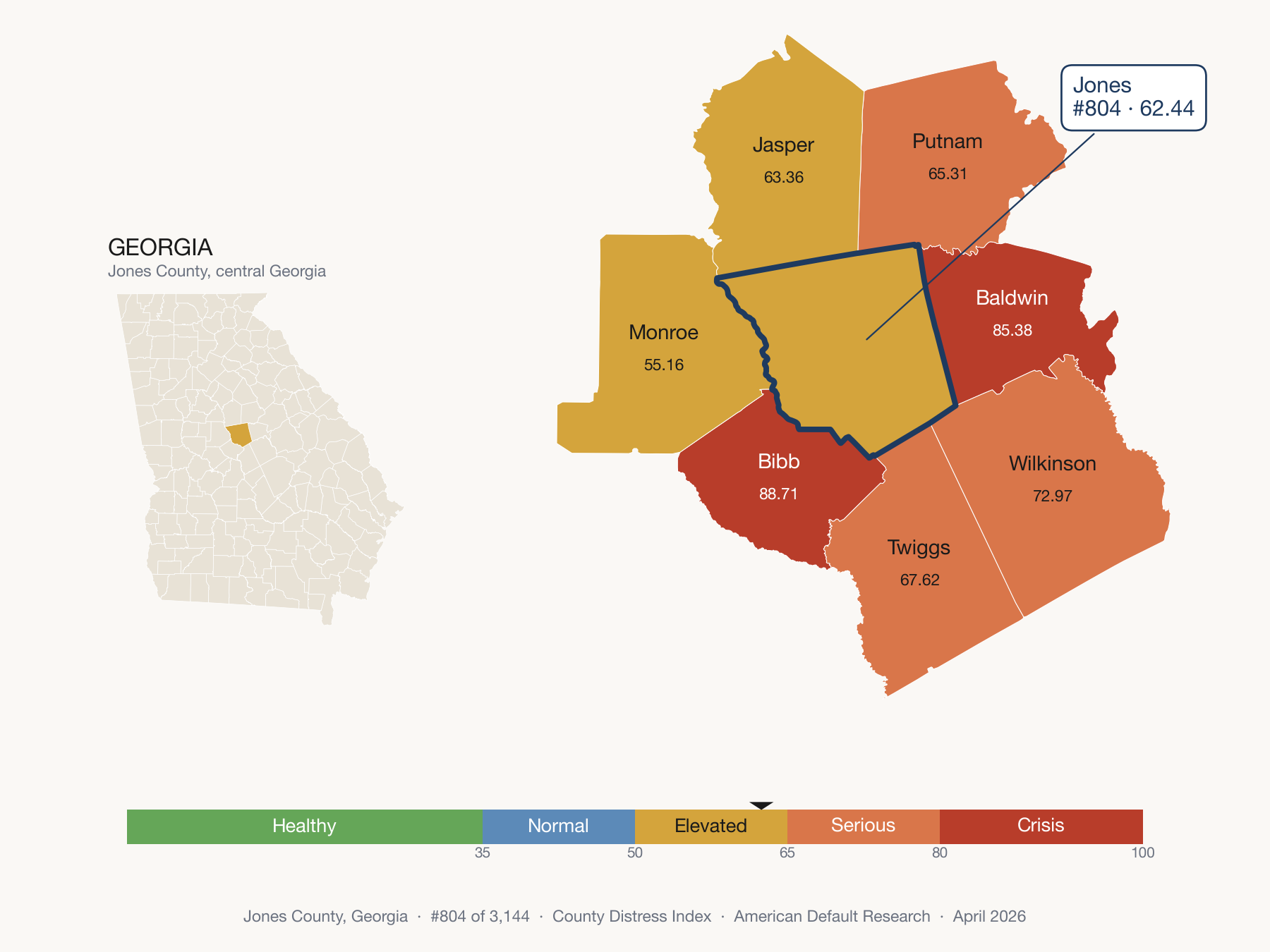 County Distress Index cluster map. Jones County, Georgia and its neighbors colored by distress zone.