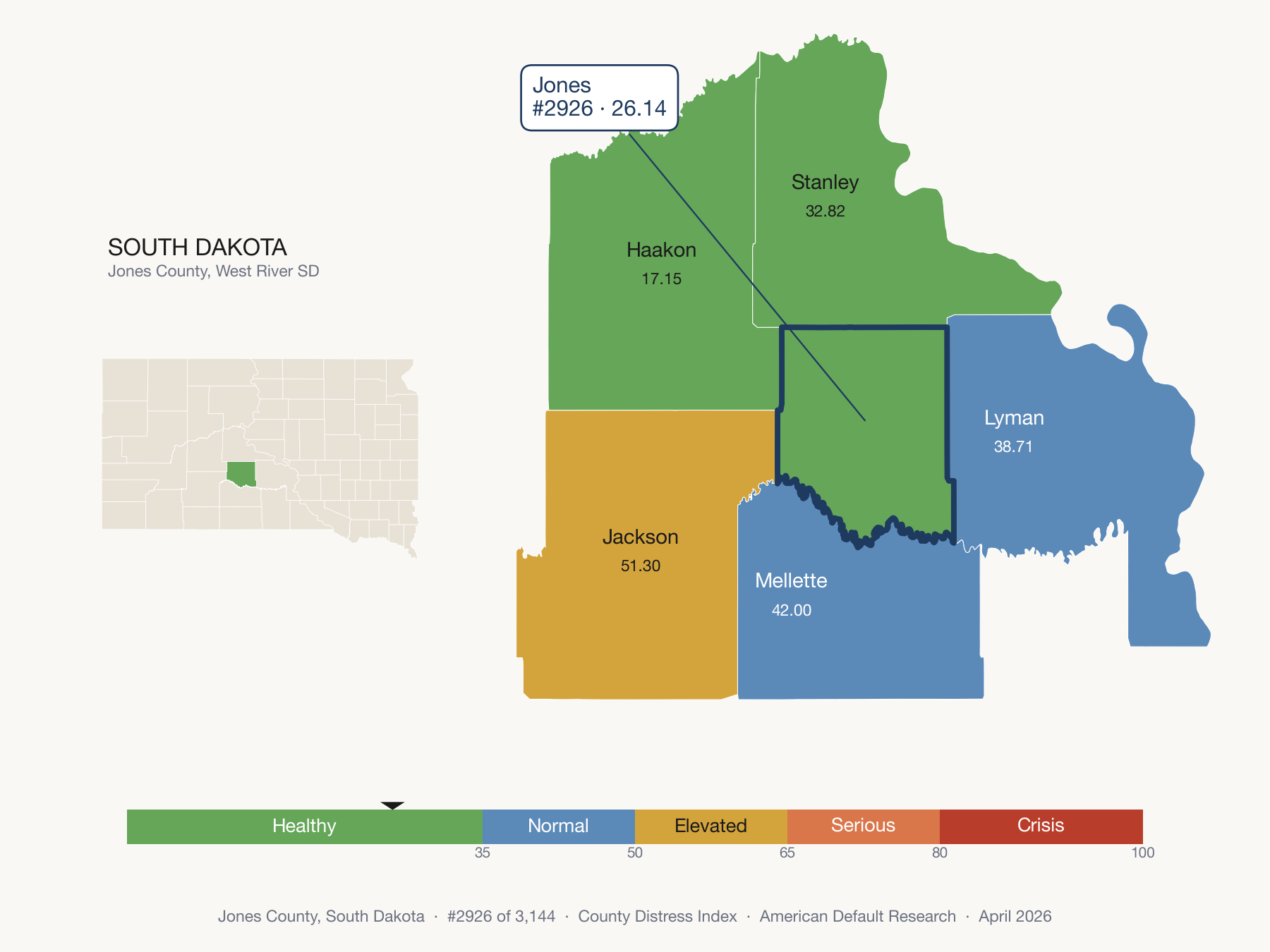 County Distress Index cluster map. Jones County, South Dakota and its neighbors colored by distress zone.