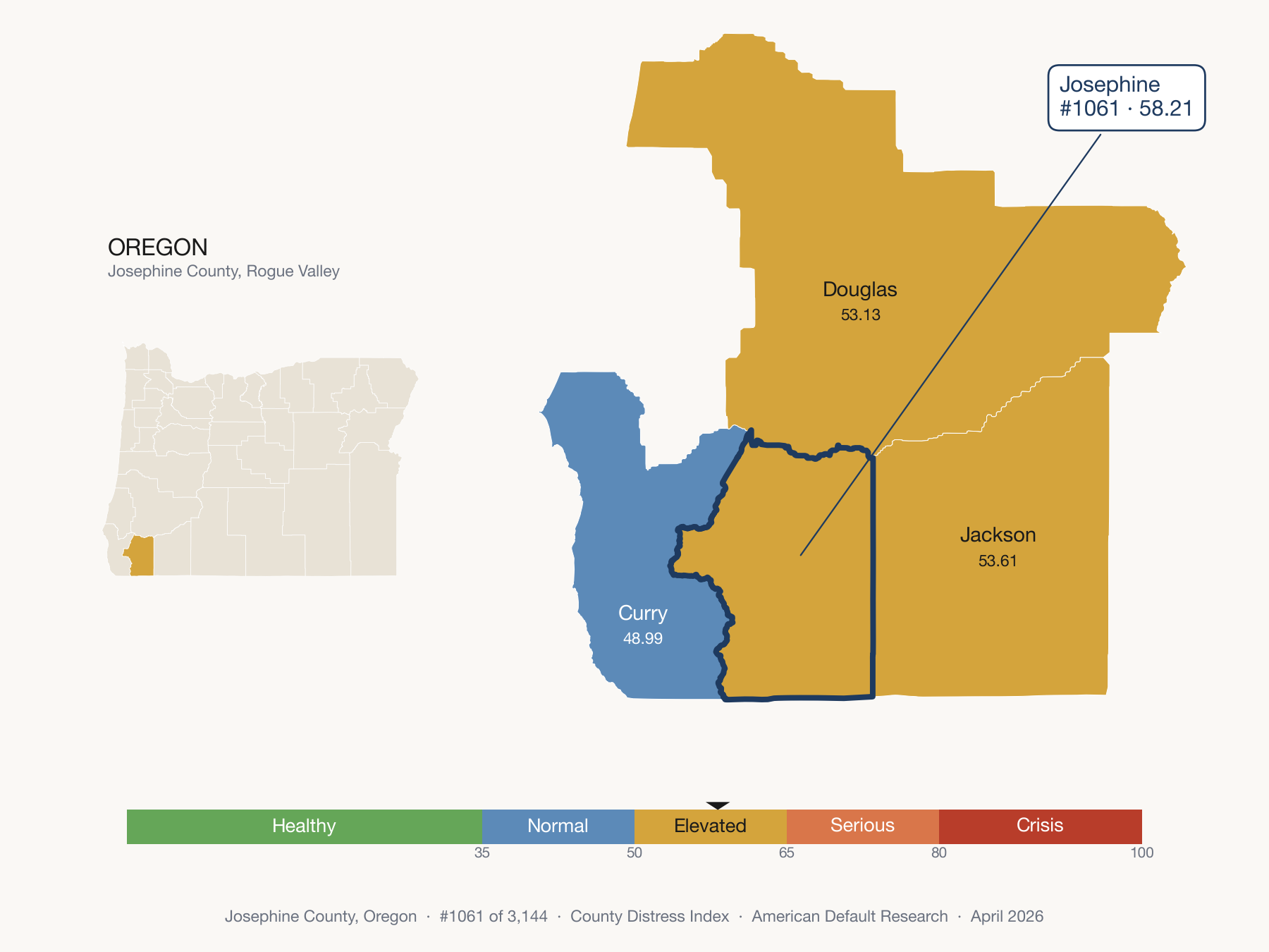 County Distress Index cluster map. Josephine County, Oregon and its neighbors colored by distress fifth.