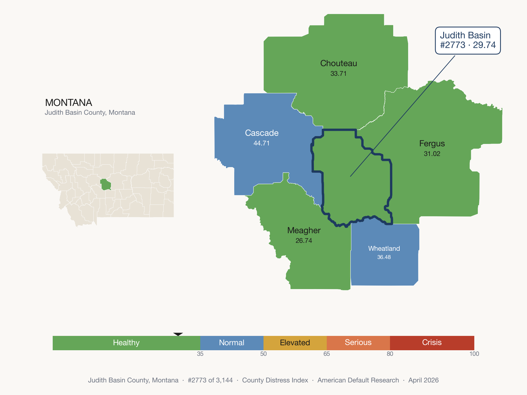 County Distress Index cluster map. Judith Basin County, Montana and its neighbors colored by distress fifth.