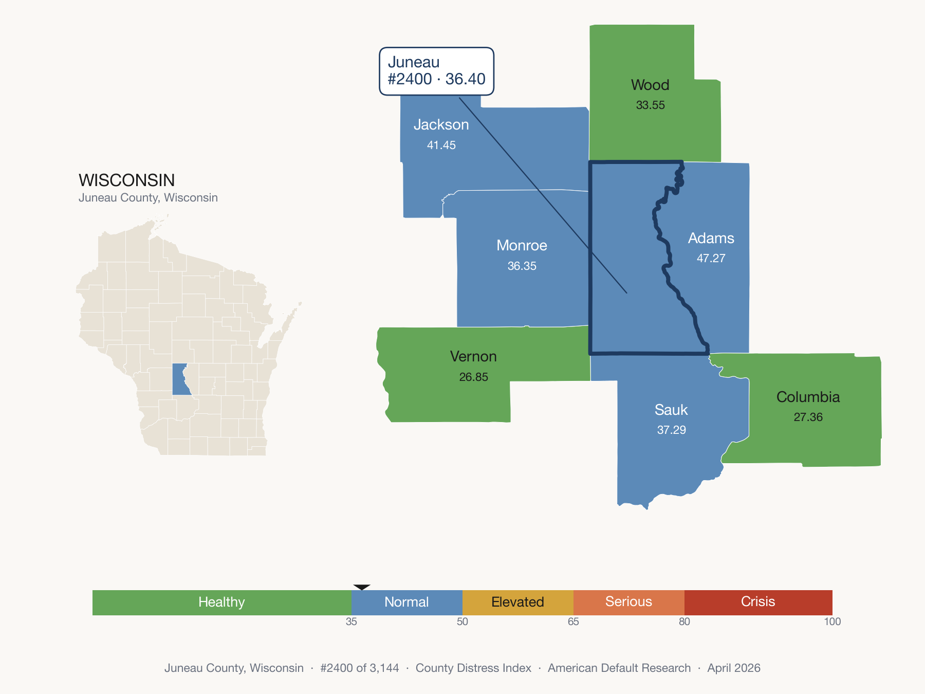 County Distress Index cluster map. Juneau County, Wisconsin and its neighbors colored by distress fifth.
