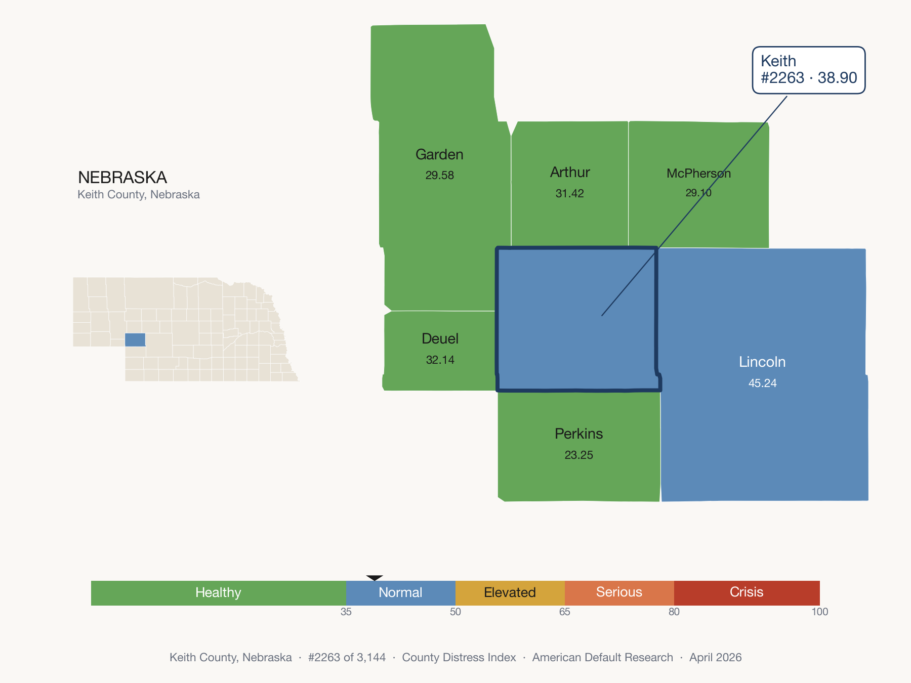 County Distress Index cluster map. Keith County, Nebraska and its neighbors colored by distress fifth.