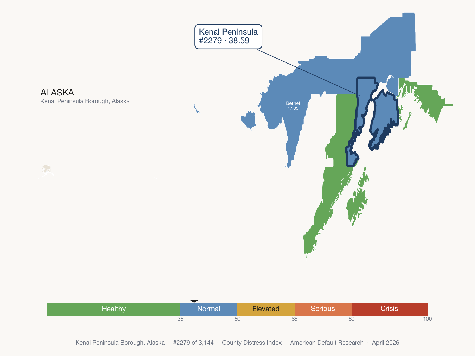 County Distress Index cluster map. Kenai Peninsula Borough, Alaska and its neighbors colored by distress fifth.