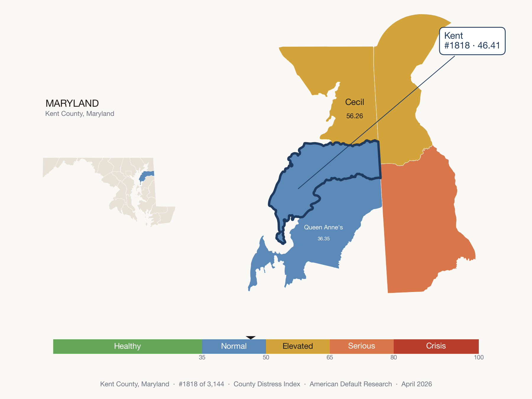 County Distress Index cluster map. Kent County, Maryland and its neighbors colored by distress fifth.