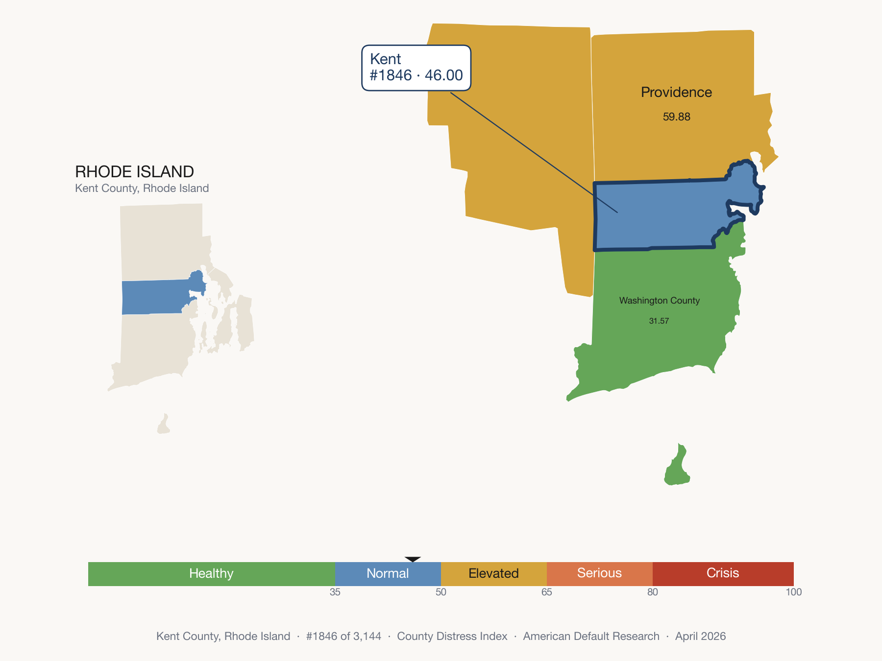 County Distress Index cluster map. Kent County, Rhode Island and its neighbors colored by distress fifth.