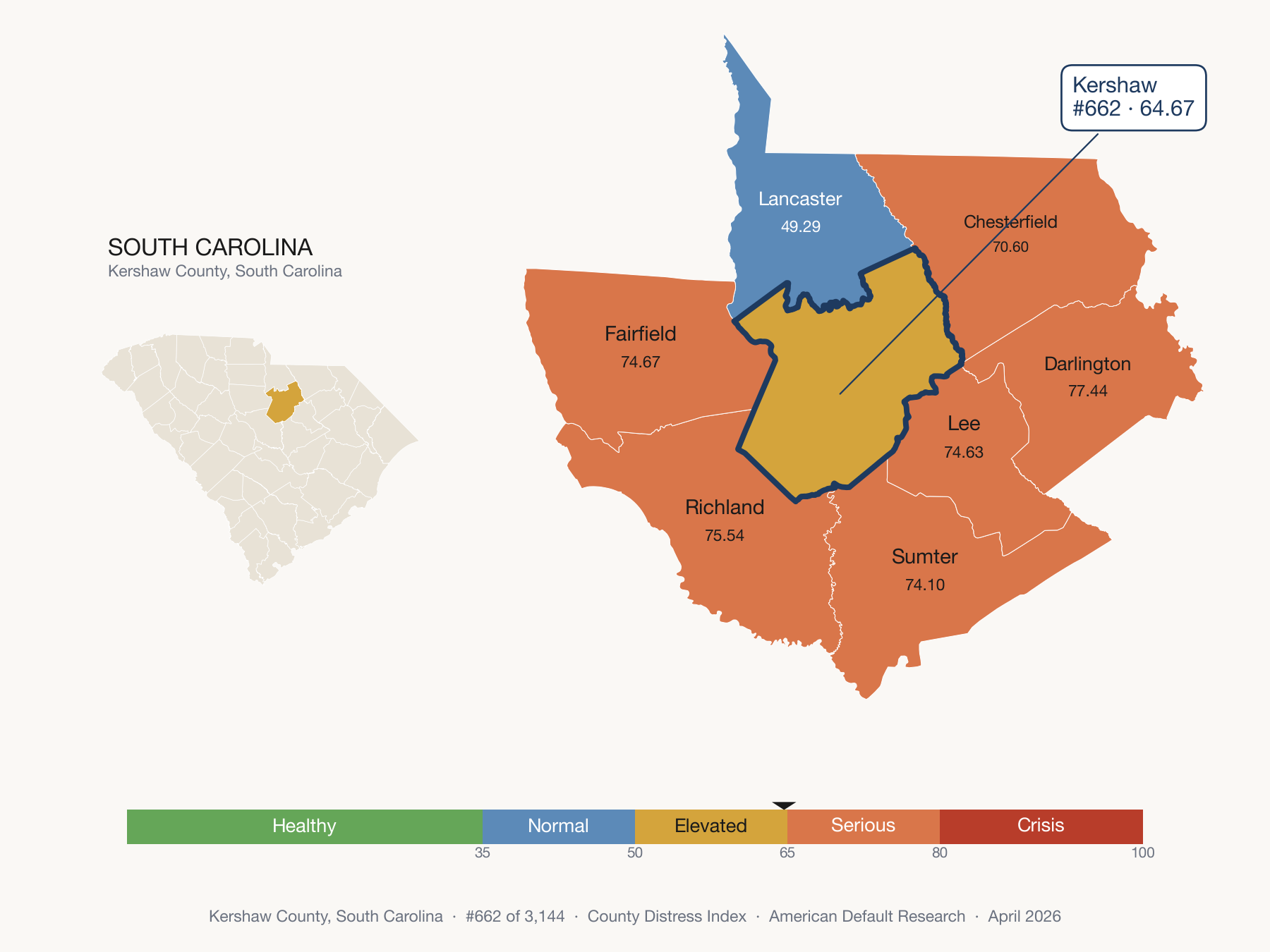 County Distress Index cluster map. Kershaw County, South Carolina and its neighbors colored by distress fifth.