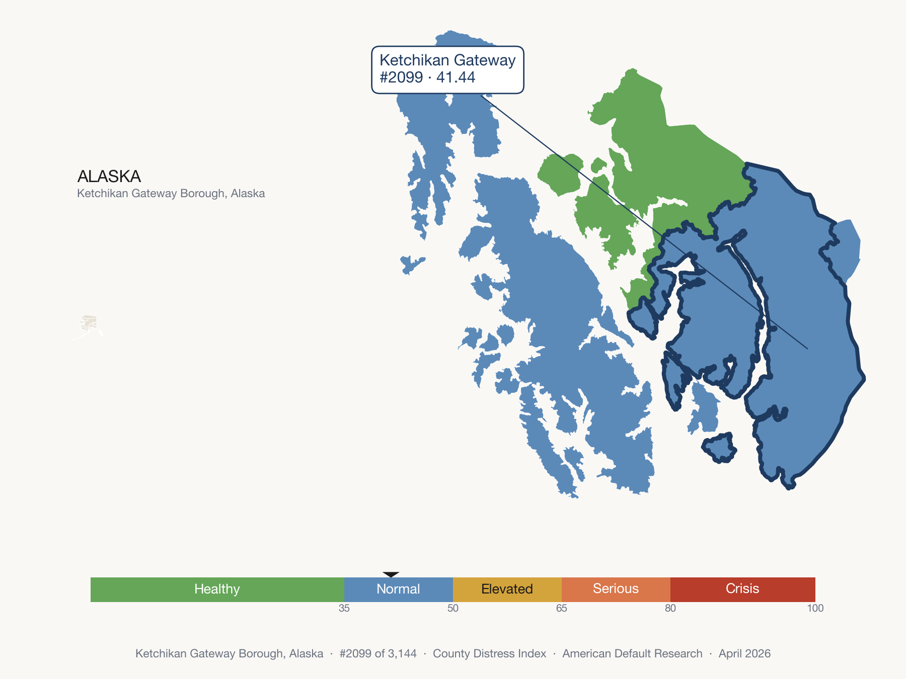 County Distress Index cluster map. Ketchikan Gateway Borough, Alaska and its neighbors colored by distress fifth.