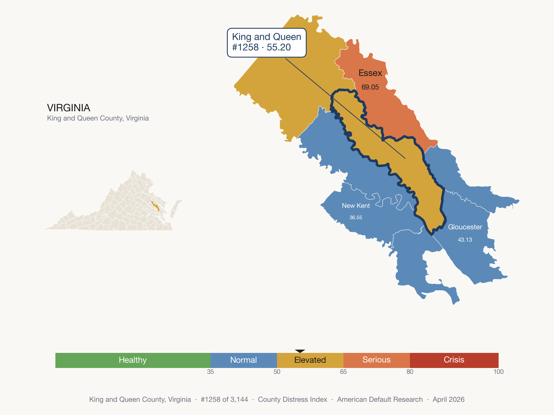 County Distress Index cluster map. King and Queen County, Virginia and its neighbors colored by distress zone.