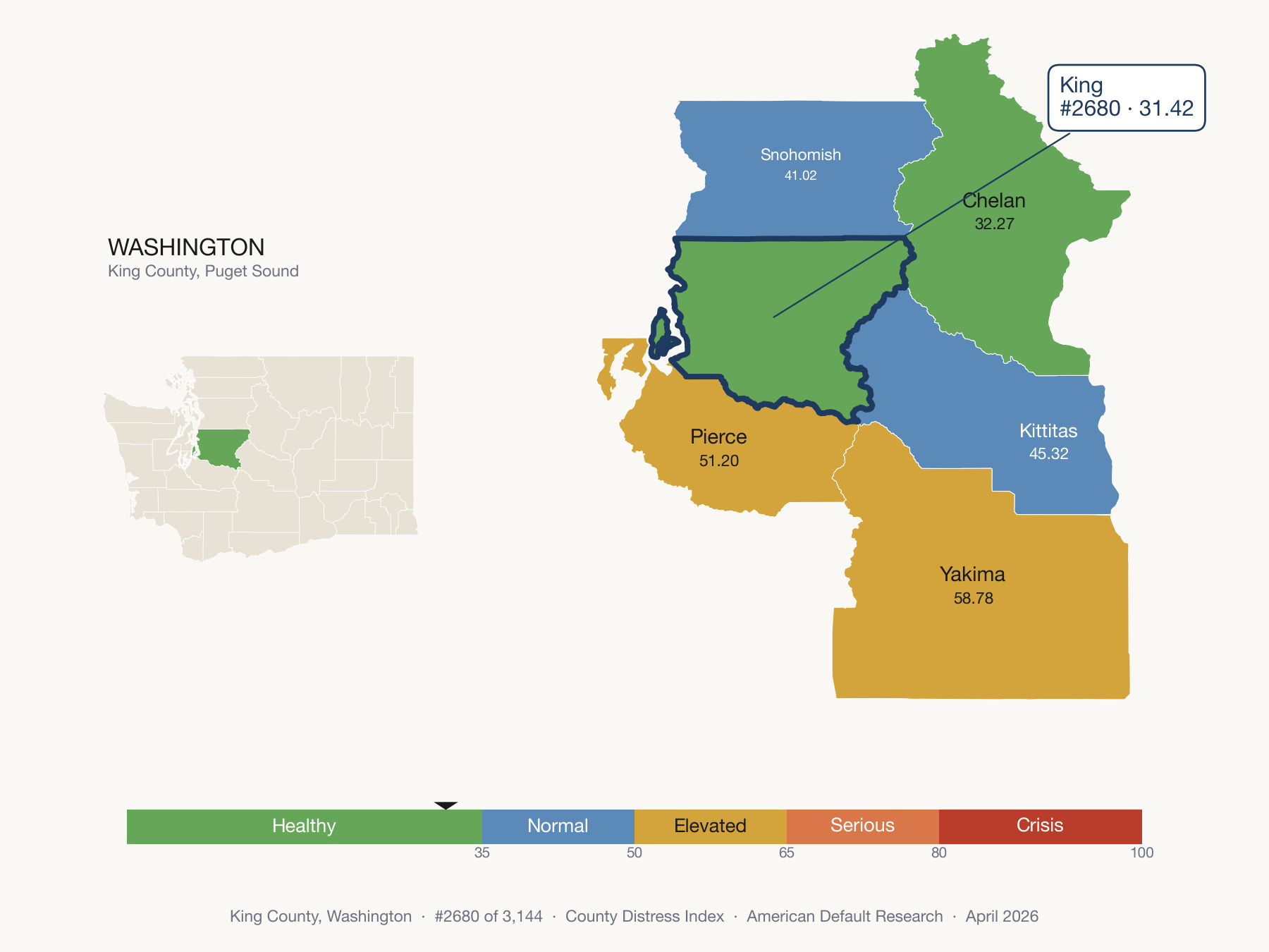 County Distress Index cluster map. King County, Washington and its neighbors colored by distress zone.