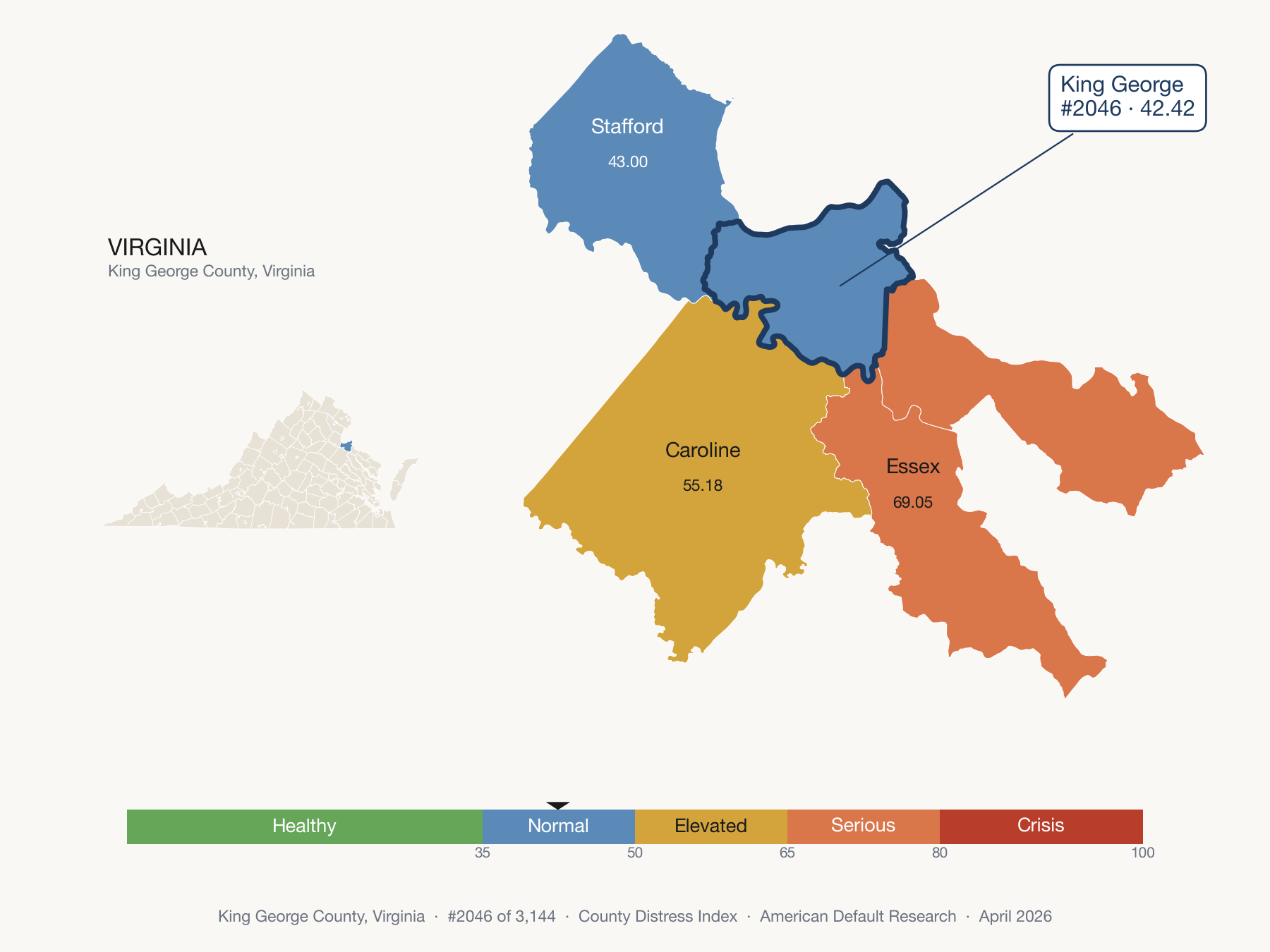 County Distress Index cluster map. King George County, Virginia and its neighbors colored by distress zone.