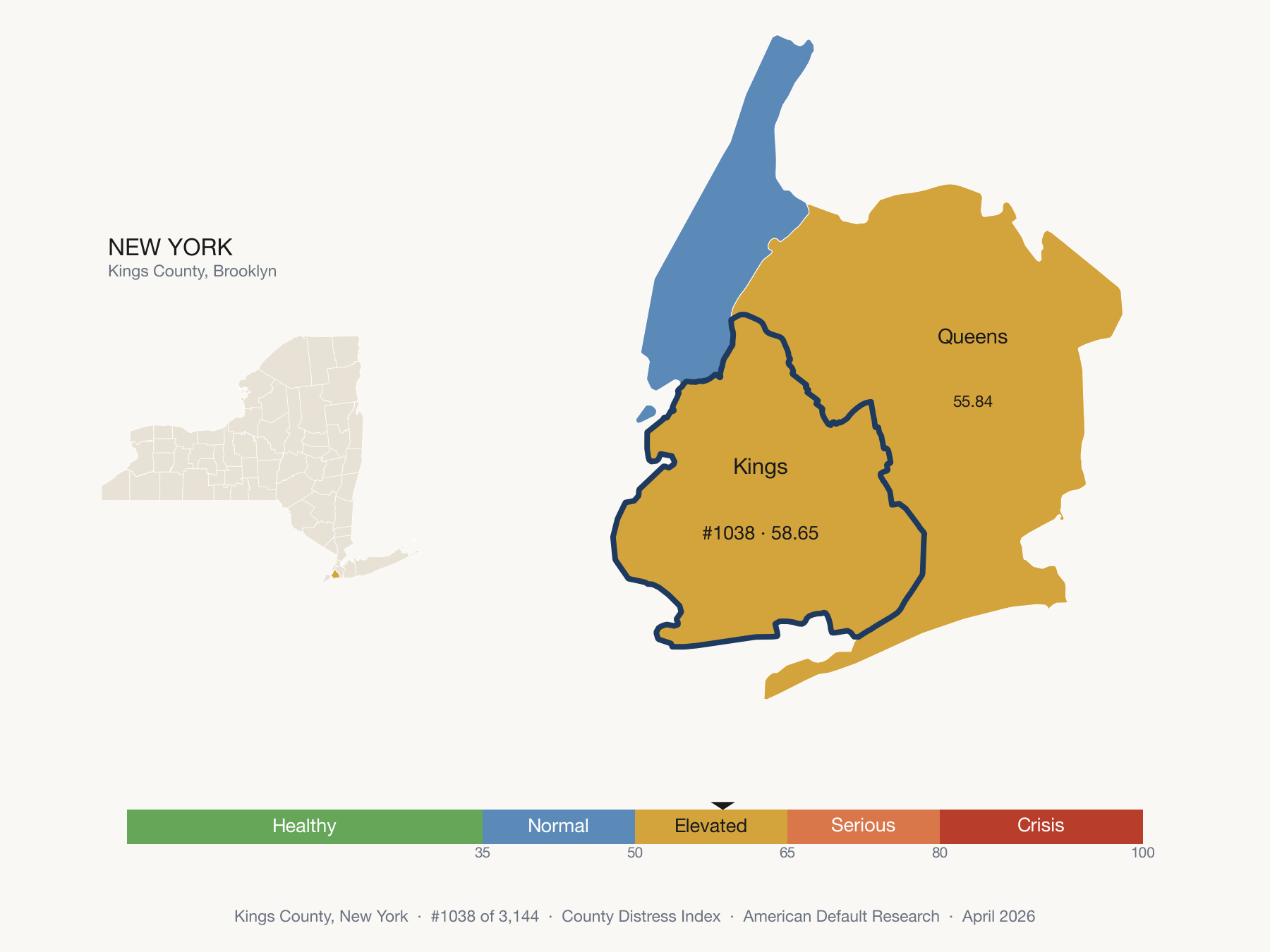 County Distress Index cluster map. Kings County, New York and its neighbors colored by distress zone.