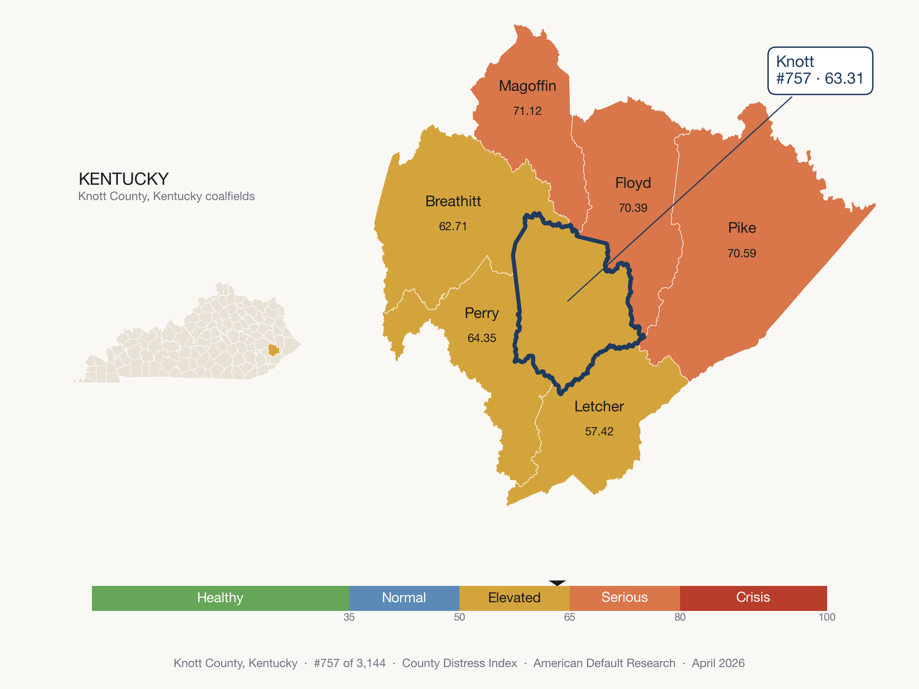 County Distress Index cluster map. Knott County, Kentucky and its neighbors colored by distress fifth.